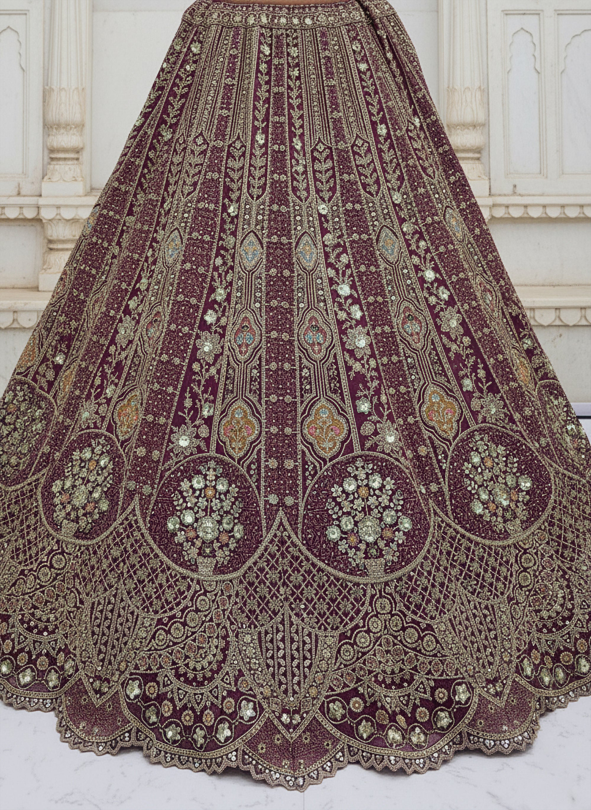 Wine Designer Party Wear Lehenga Choli with Sequins, Zari, Dori & Diamond Work