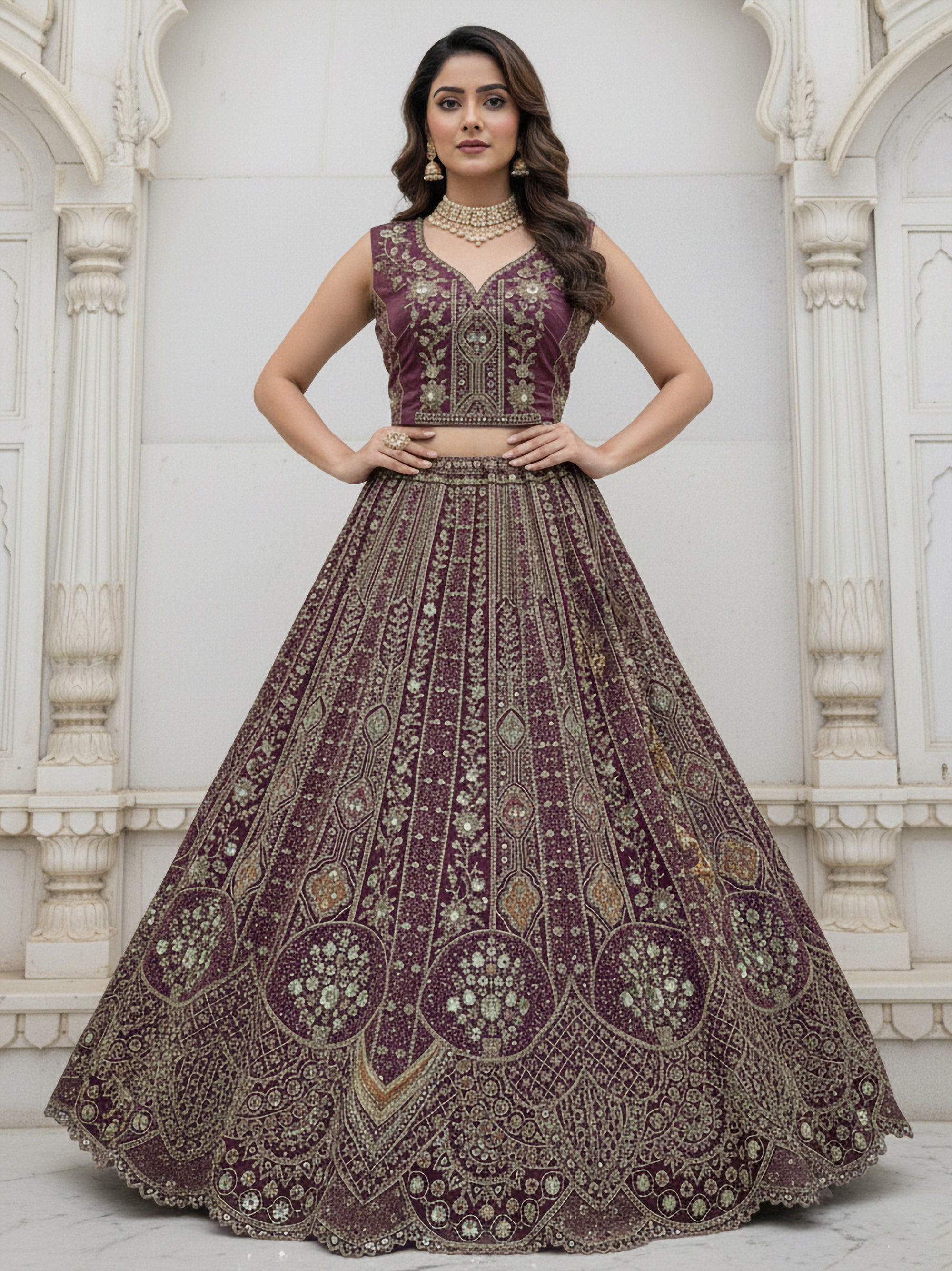 Wine Designer Party Wear Lehenga Choli with Sequins, Zari, Dori & Diamond Work