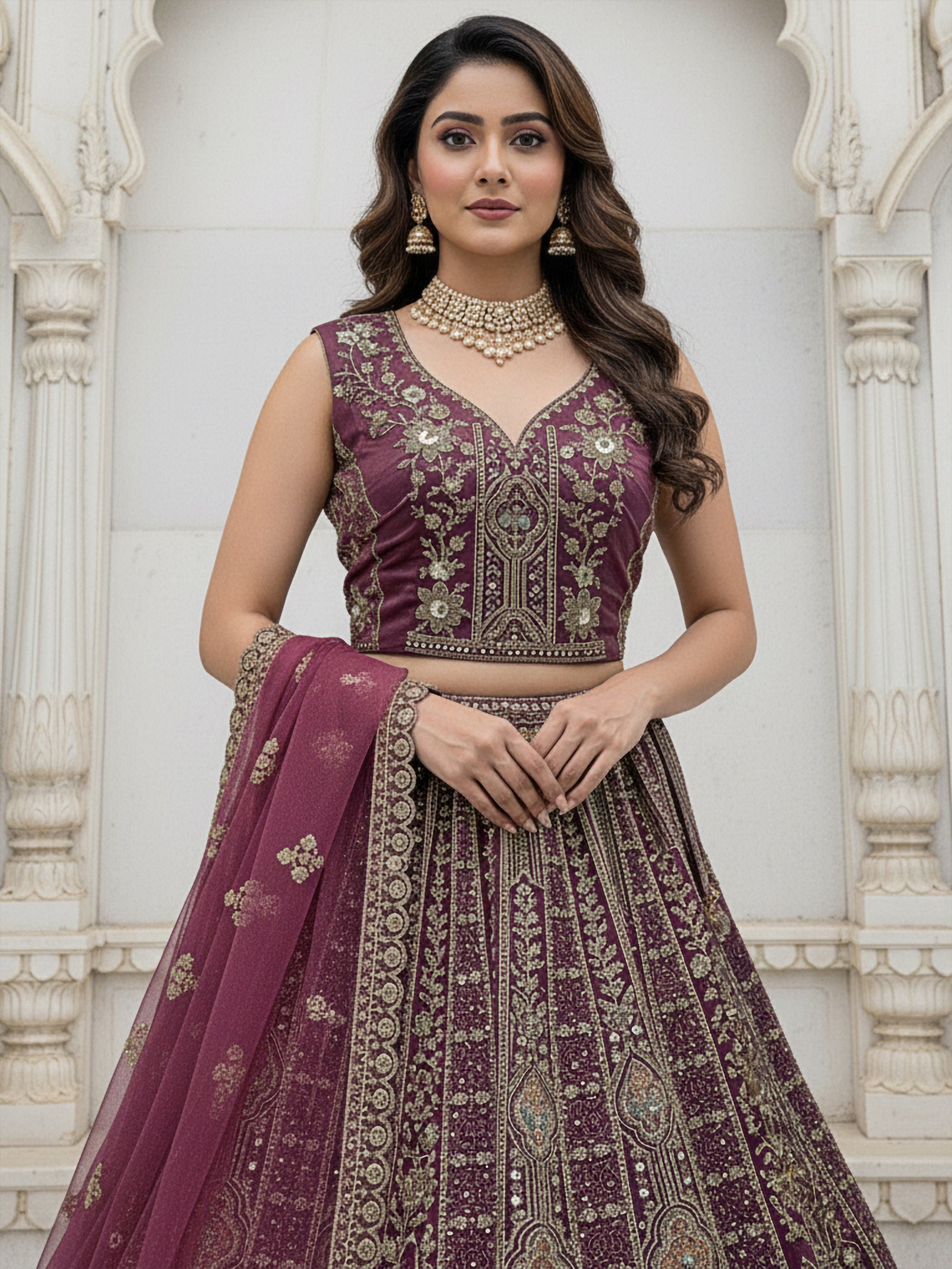 Wine Designer Party Wear Lehenga Choli with Sequins, Zari, Dori & Diamond Work