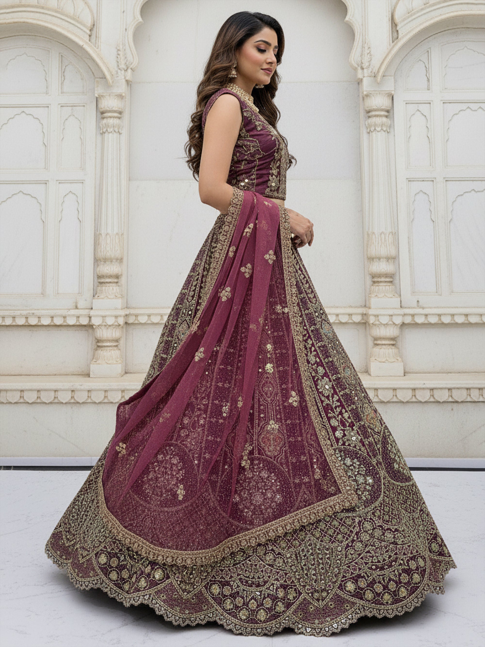 Wine Designer Party Wear Lehenga Choli with Sequins, Zari, Dori & Diamond Work