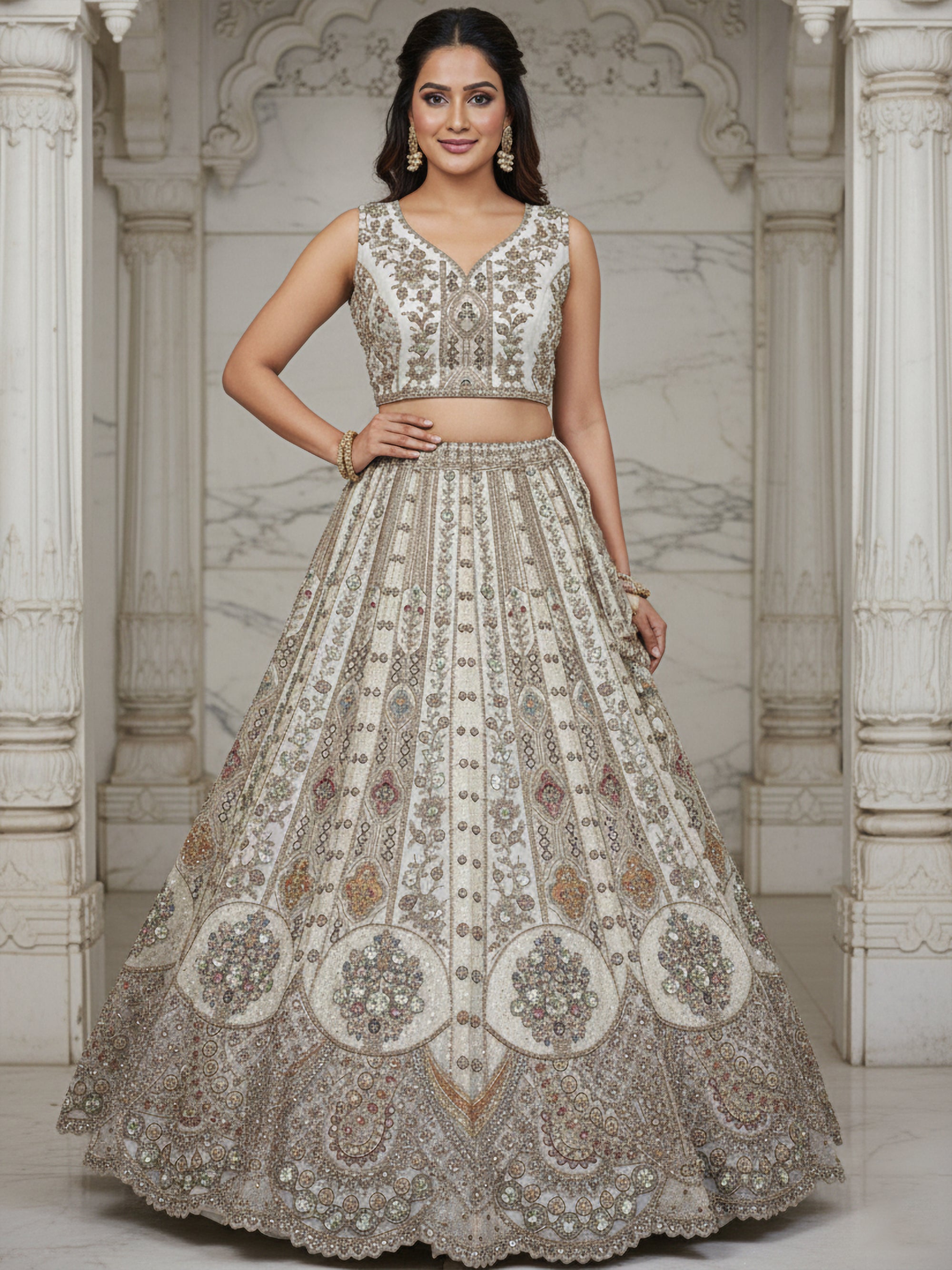 Ivory Designer Party Wear Lehenga Choli with Sequins, Zari, Dori & Diamond Work
