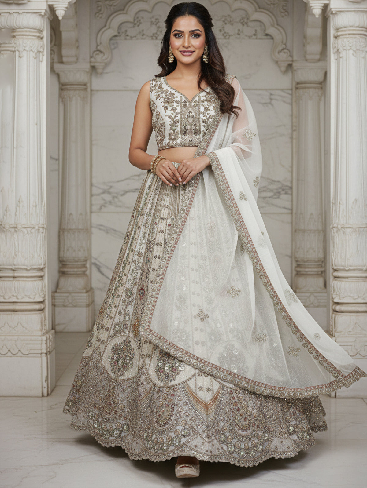 Ivory Designer Party Wear Lehenga Choli with Sequins, Zari, Dori & Diamond Work