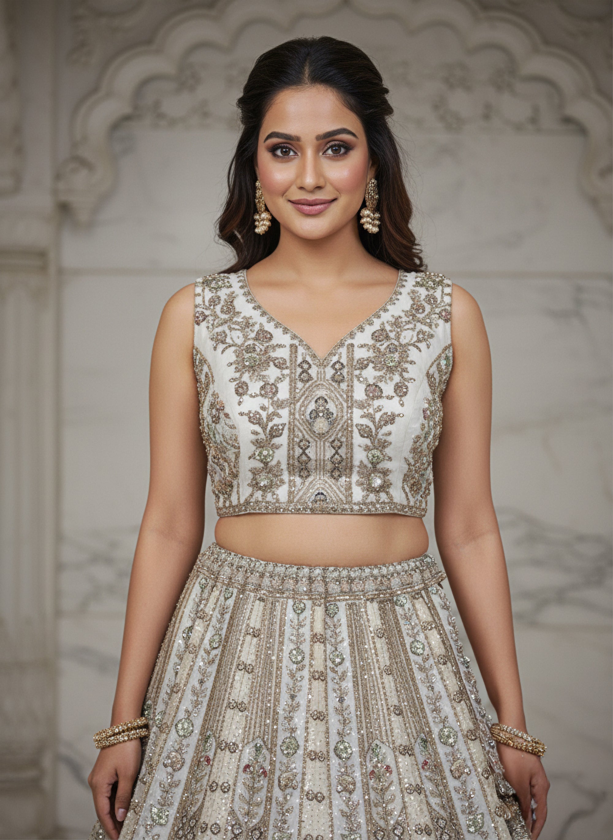 Ivory Designer Party Wear Lehenga Choli with Sequins, Zari, Dori & Diamond Work