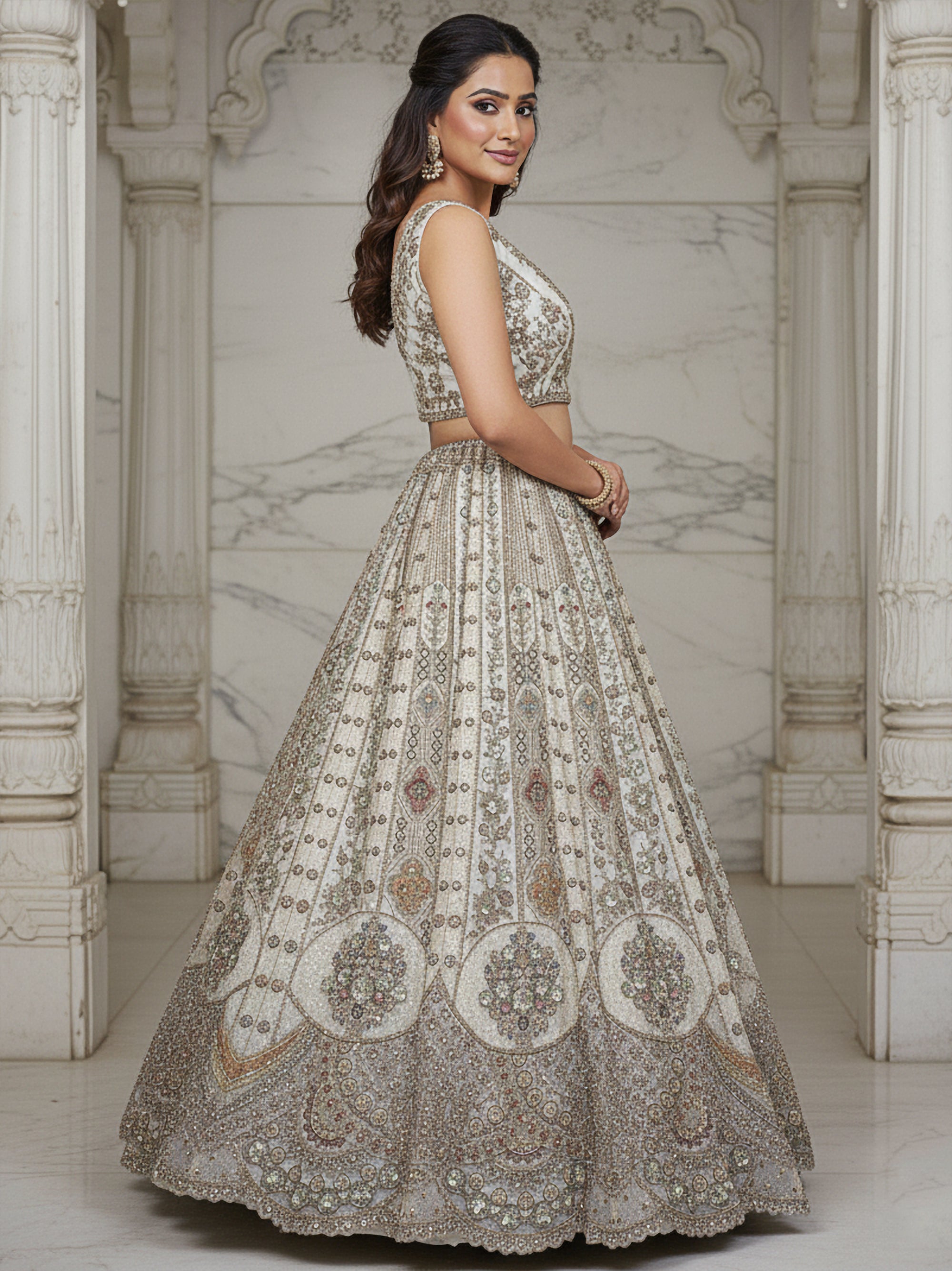 Ivory Designer Party Wear Lehenga Choli with Sequins, Zari, Dori & Diamond Work