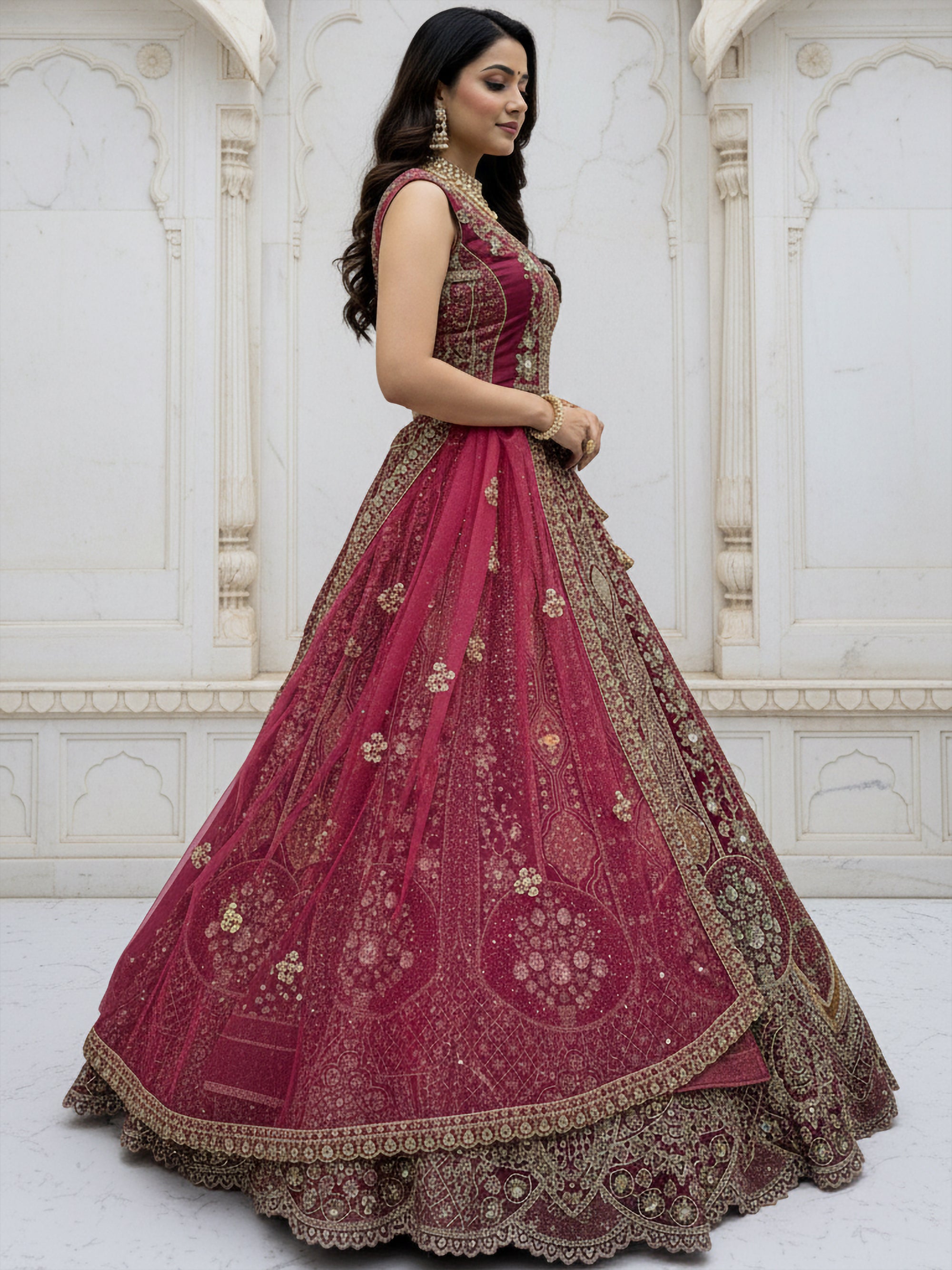 Rani Pink Designer Party Wear Lehenga Choli with Sequins, Zari, Dori & Diamond Work