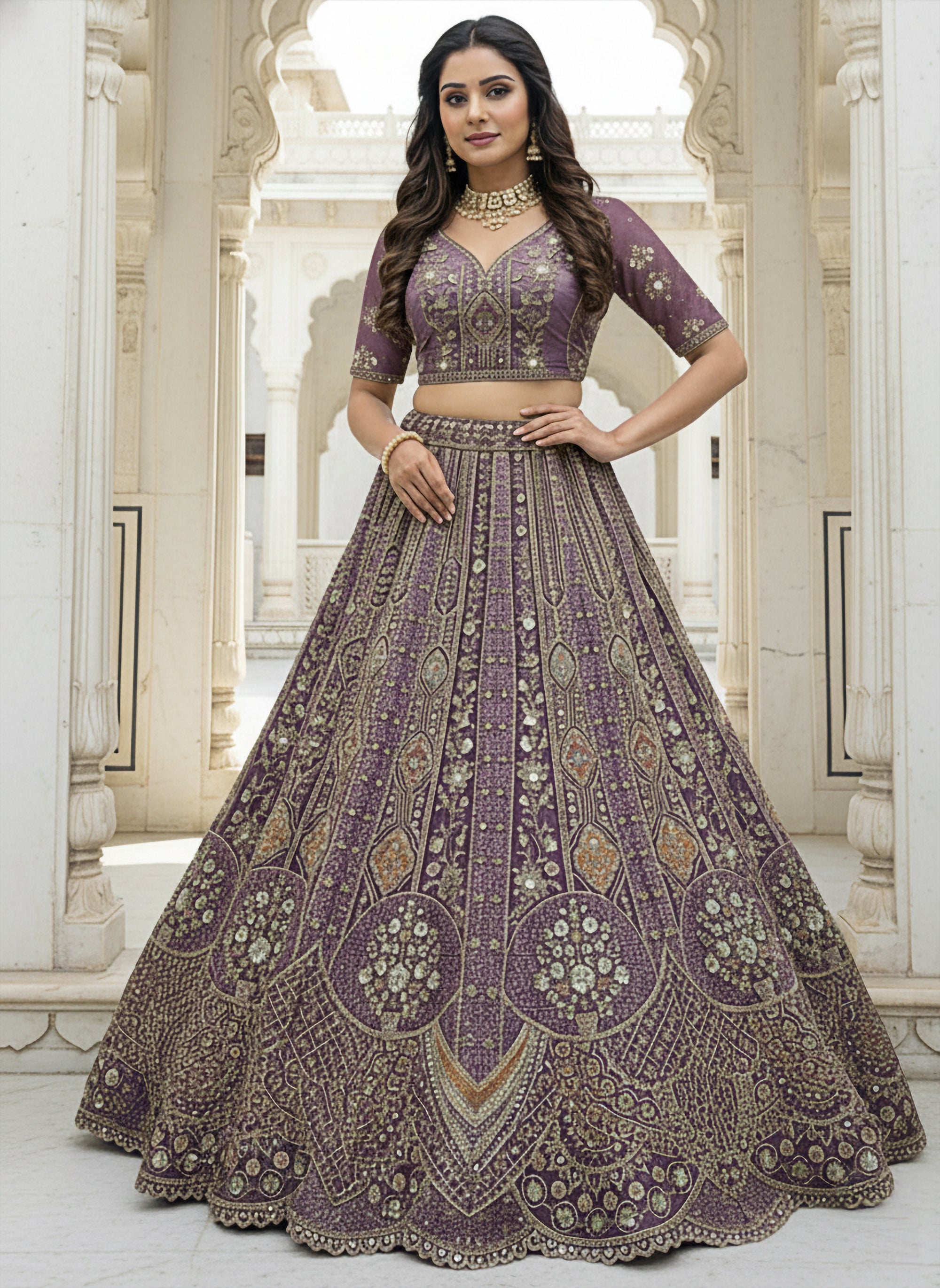 Lavender Designer Party Wear Lehenga Choli with Sequins, Zari, Dori & Diamond Work
