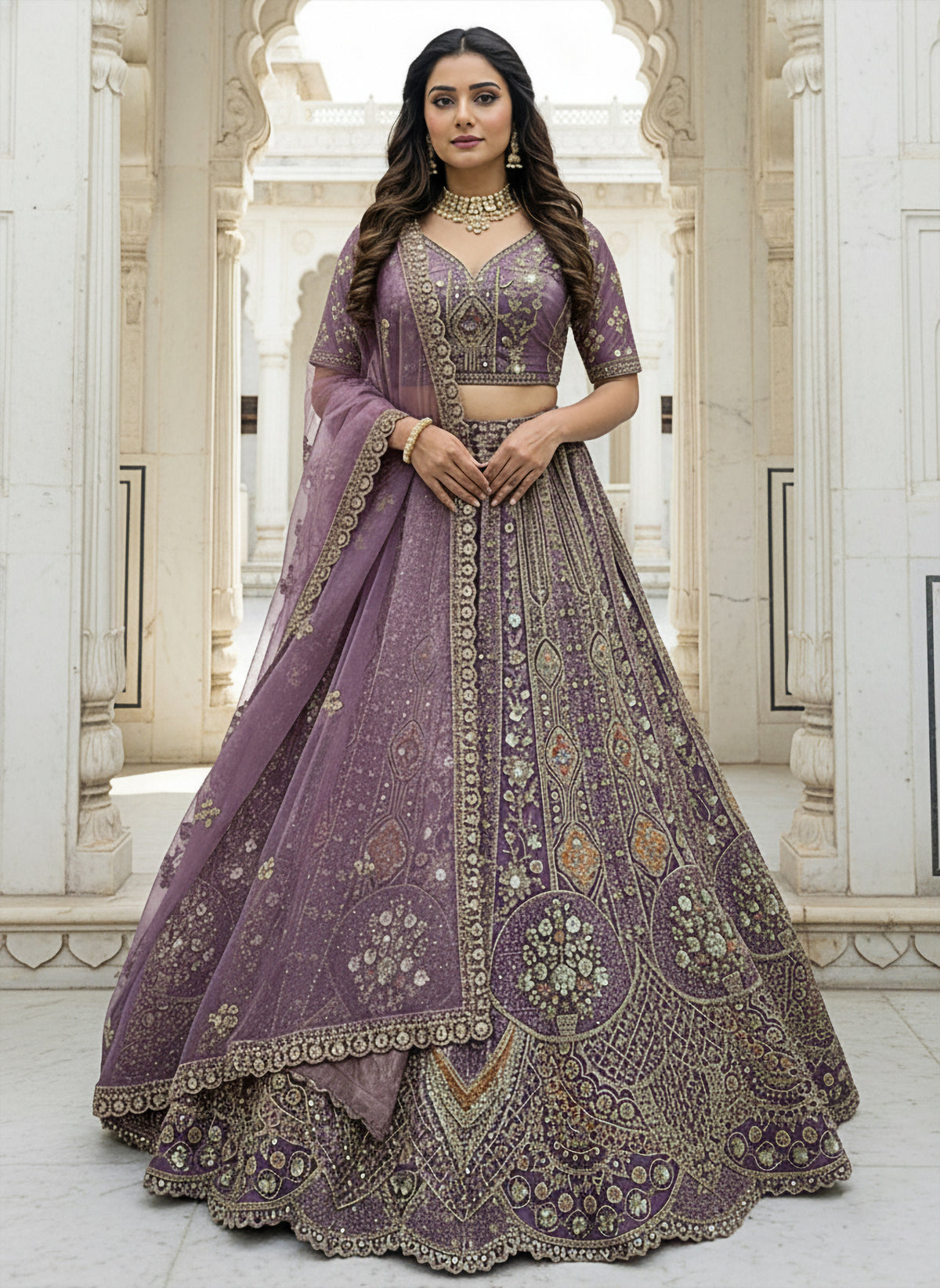 Lavender Designer Party Wear Lehenga Choli with Sequins, Zari, Dori & Diamond Work