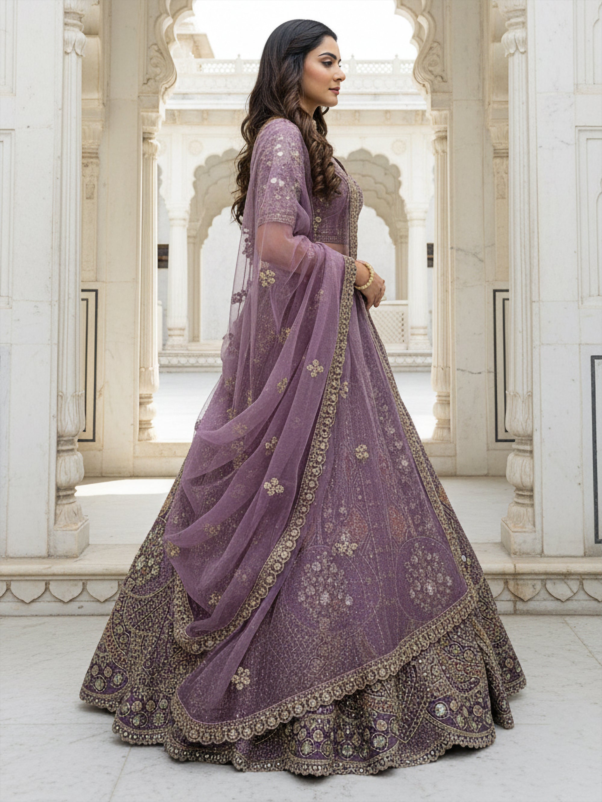 Lavender Designer Party Wear Lehenga Choli with Sequins, Zari, Dori & Diamond Work