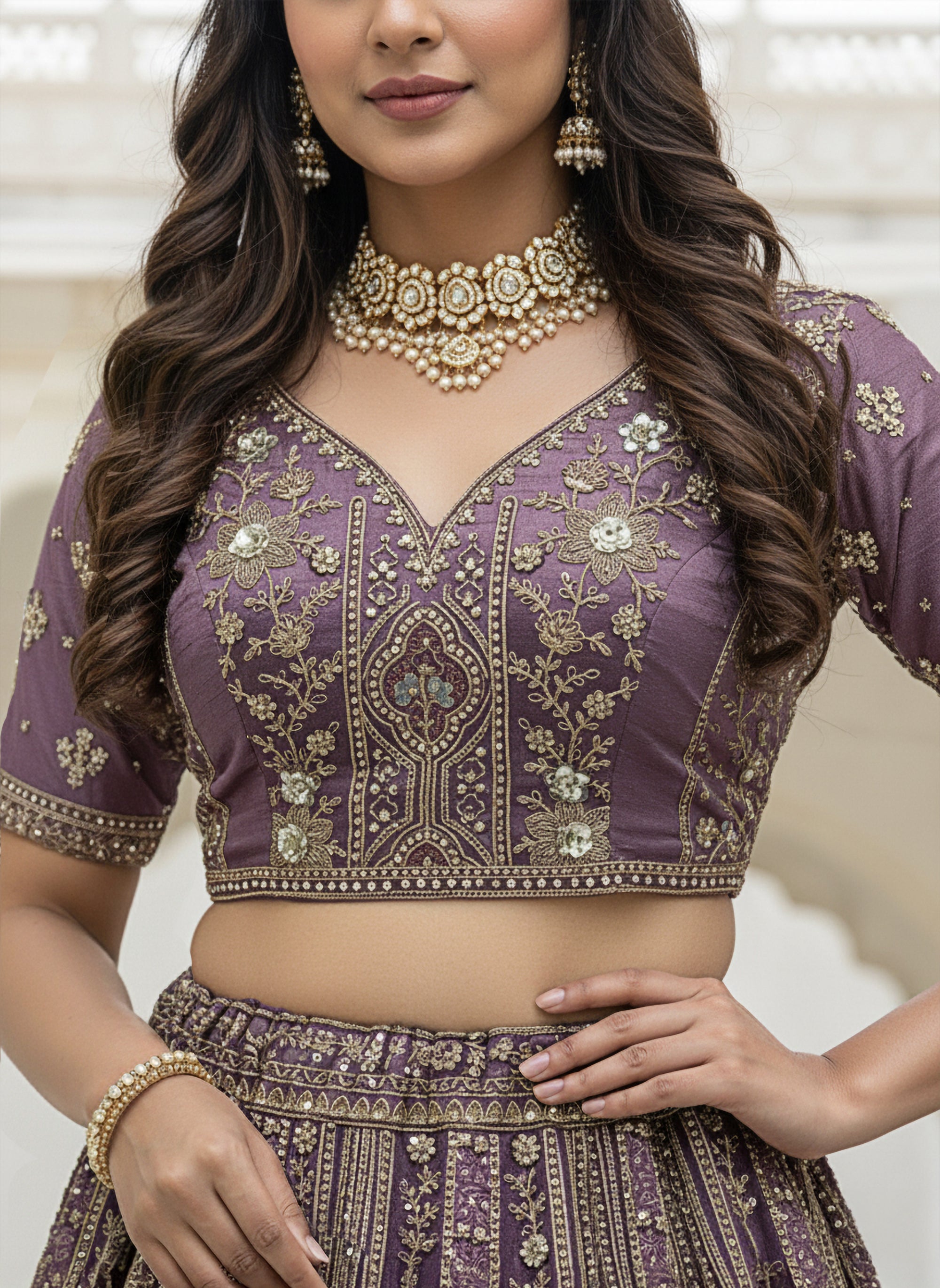 Lavender Designer Party Wear Lehenga Choli with Sequins, Zari, Dori & Diamond Work