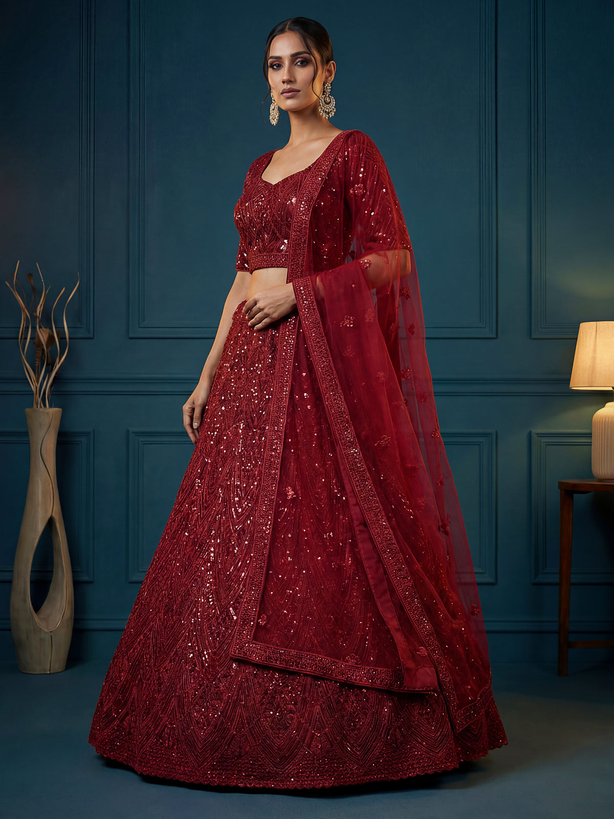 Deep Ruby Red Bridal Lehenga Choli with Sequins Work