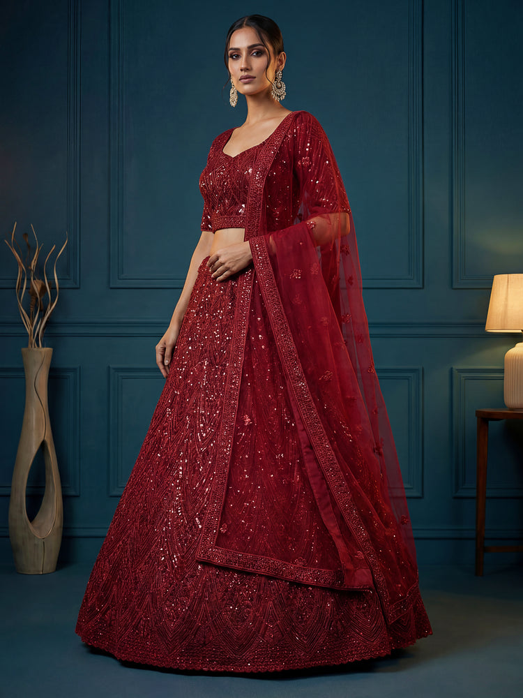 Deep Ruby Red Bridal Lehenga Choli with Sequins Work