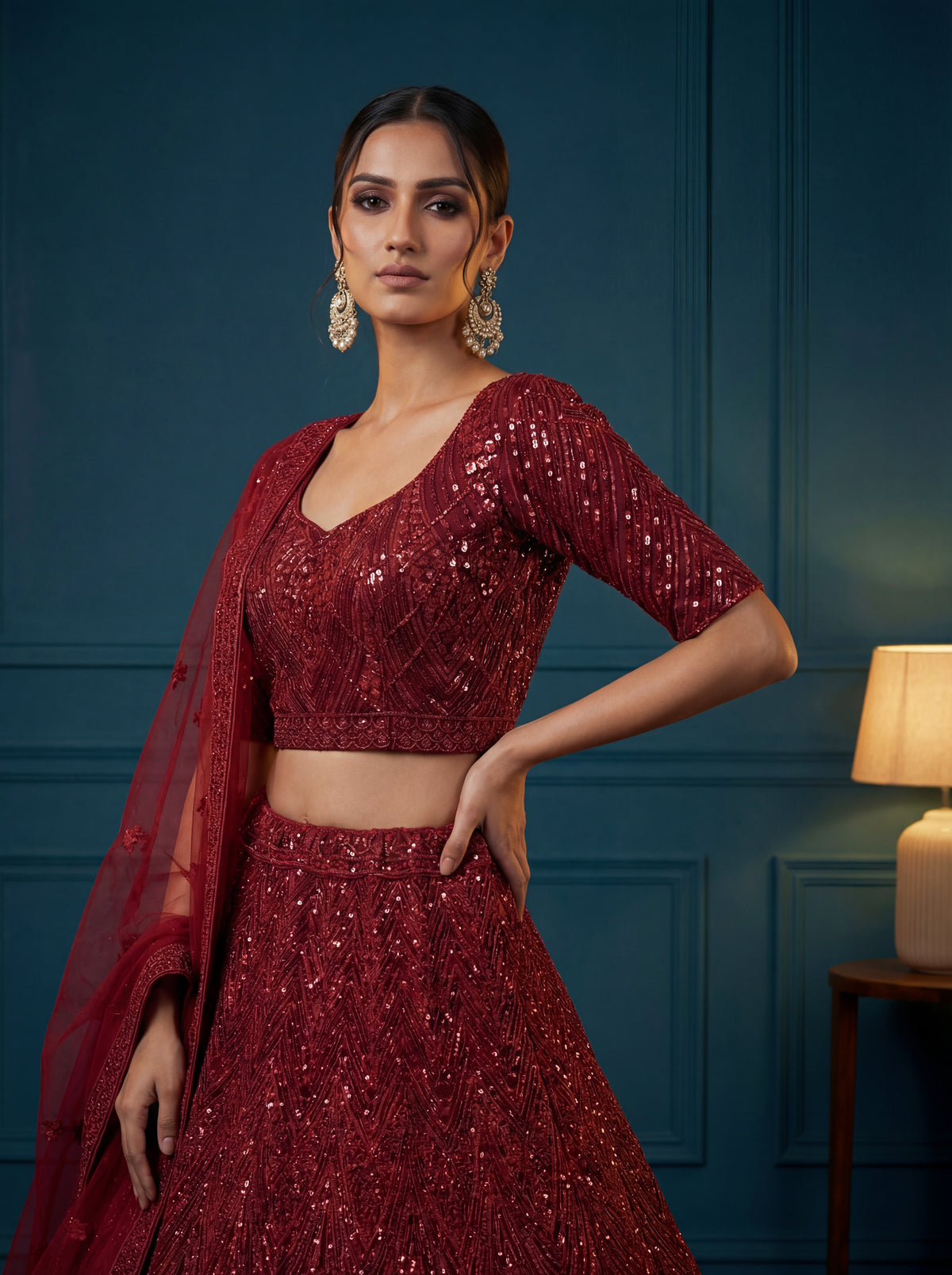 Deep Ruby Red Bridal Lehenga Choli with Sequins Work