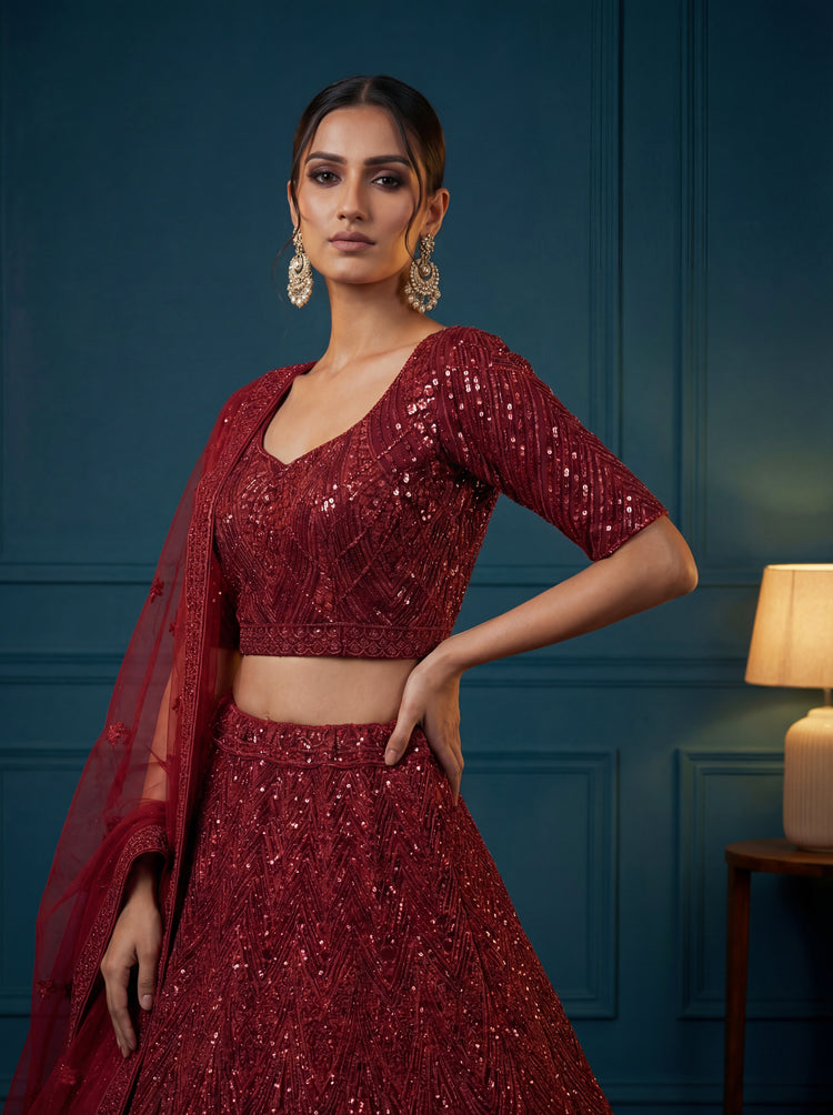 Deep Ruby Red Bridal Lehenga Choli with Sequins Work