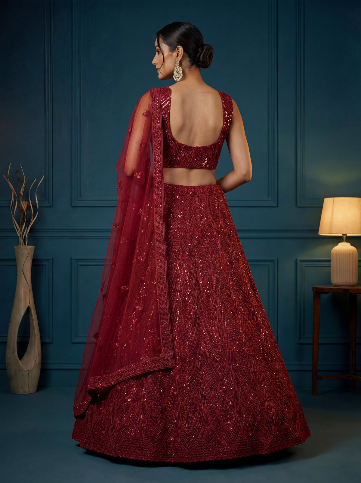 Deep Ruby Red Bridal Lehenga Choli with Sequins Work