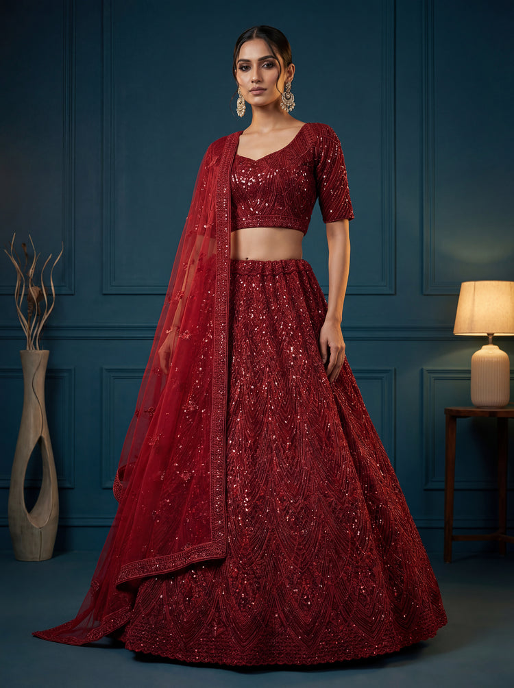 Deep Ruby Red Bridal Lehenga Choli with Sequins Work