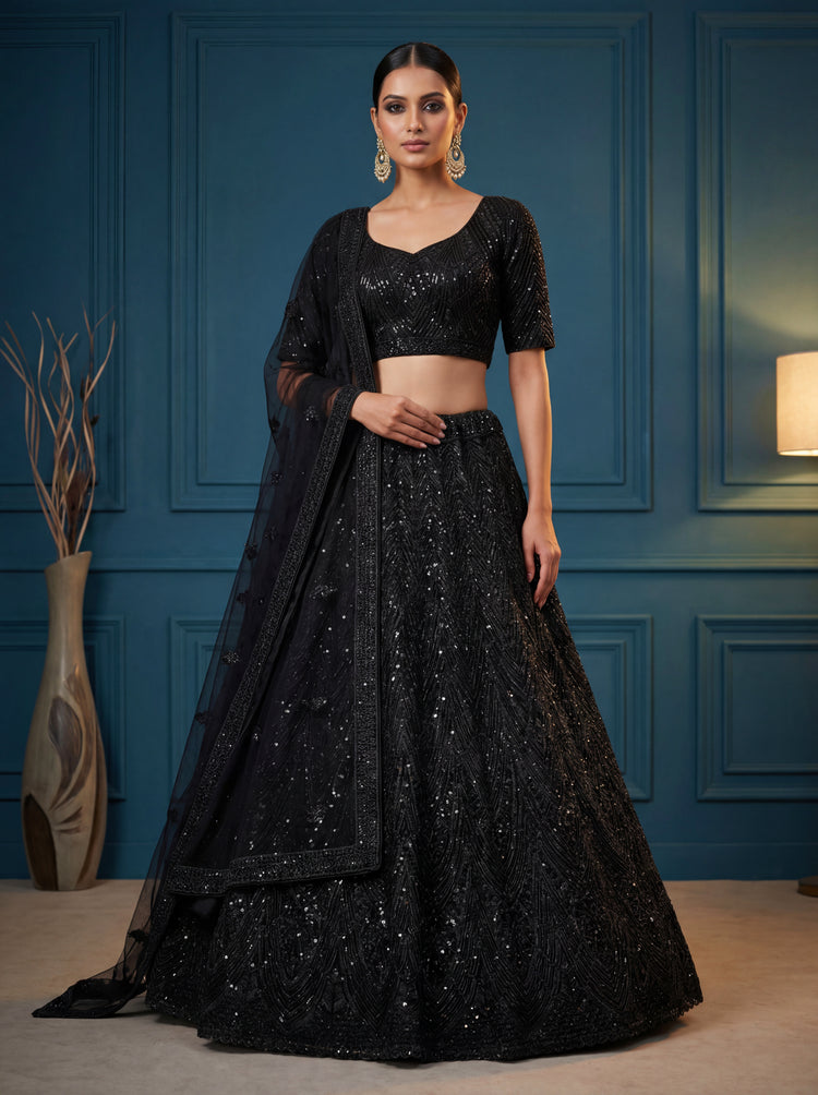 Midnight Black Designer Lehenga Choli with Zircon Work