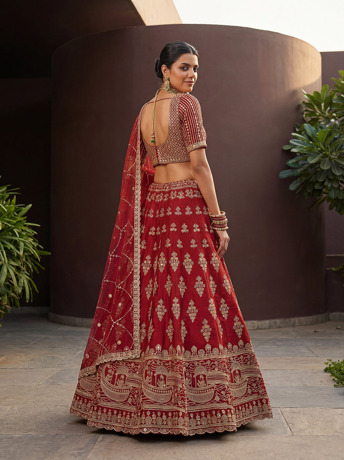 Crimson Red Slub Silk Bridal Lehenga Choli with Sequins and Crystal Handwork, photo 6