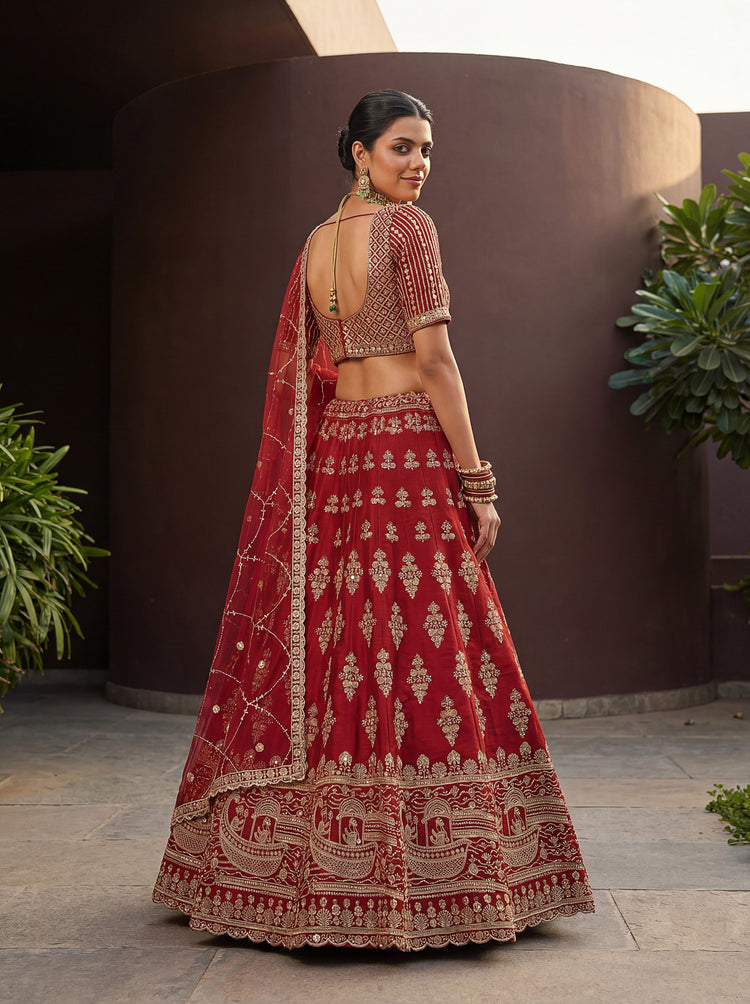 Crimson Red Slub Silk Bridal Lehenga Choli with Sequins and Crystal Handwork, photo 6