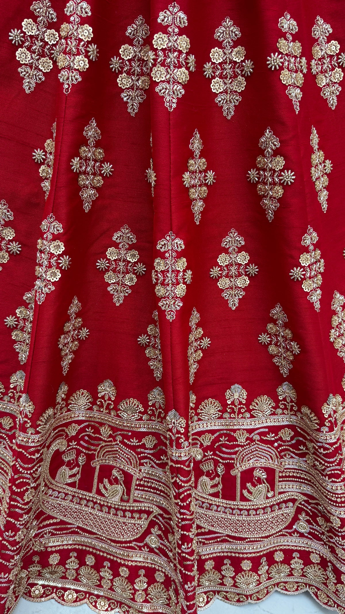 Crimson Red Slub Silk Bridal Lehenga Choli with Sequins and Crystal Handwork, close-up 1