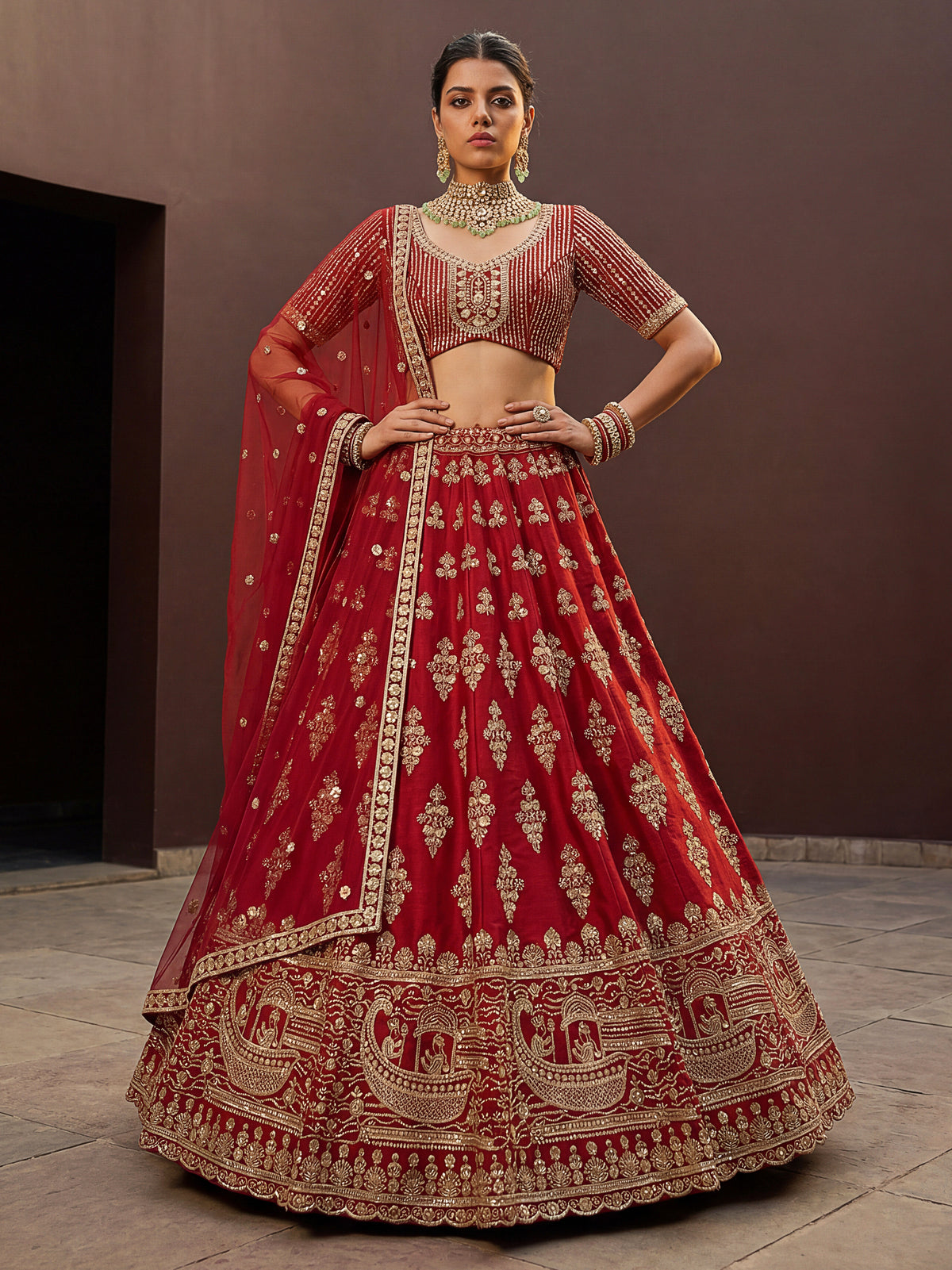 Crimson Red Slub Silk Bridal Lehenga Choli with Sequins and Crystal Handwork, photo 2