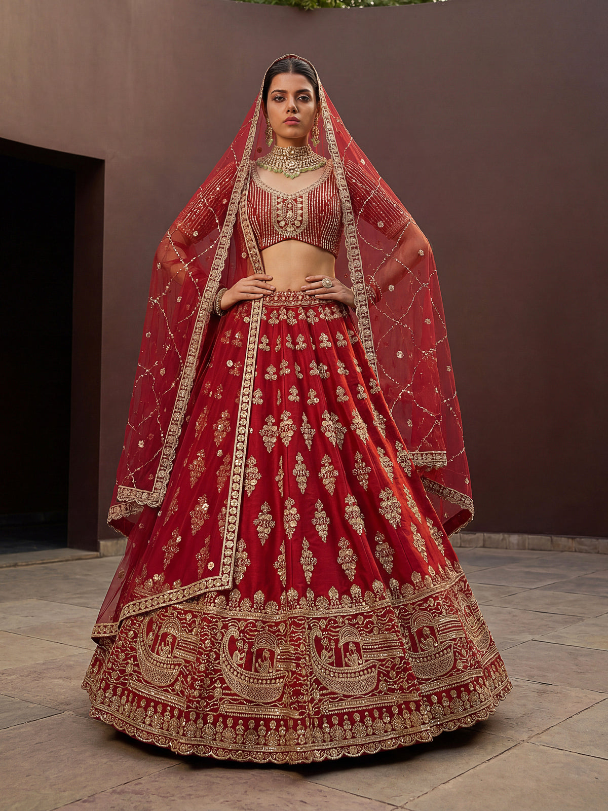 Crimson Red Slub Silk Bridal Lehenga Choli with Sequins and Crystal Handwork, photo 3