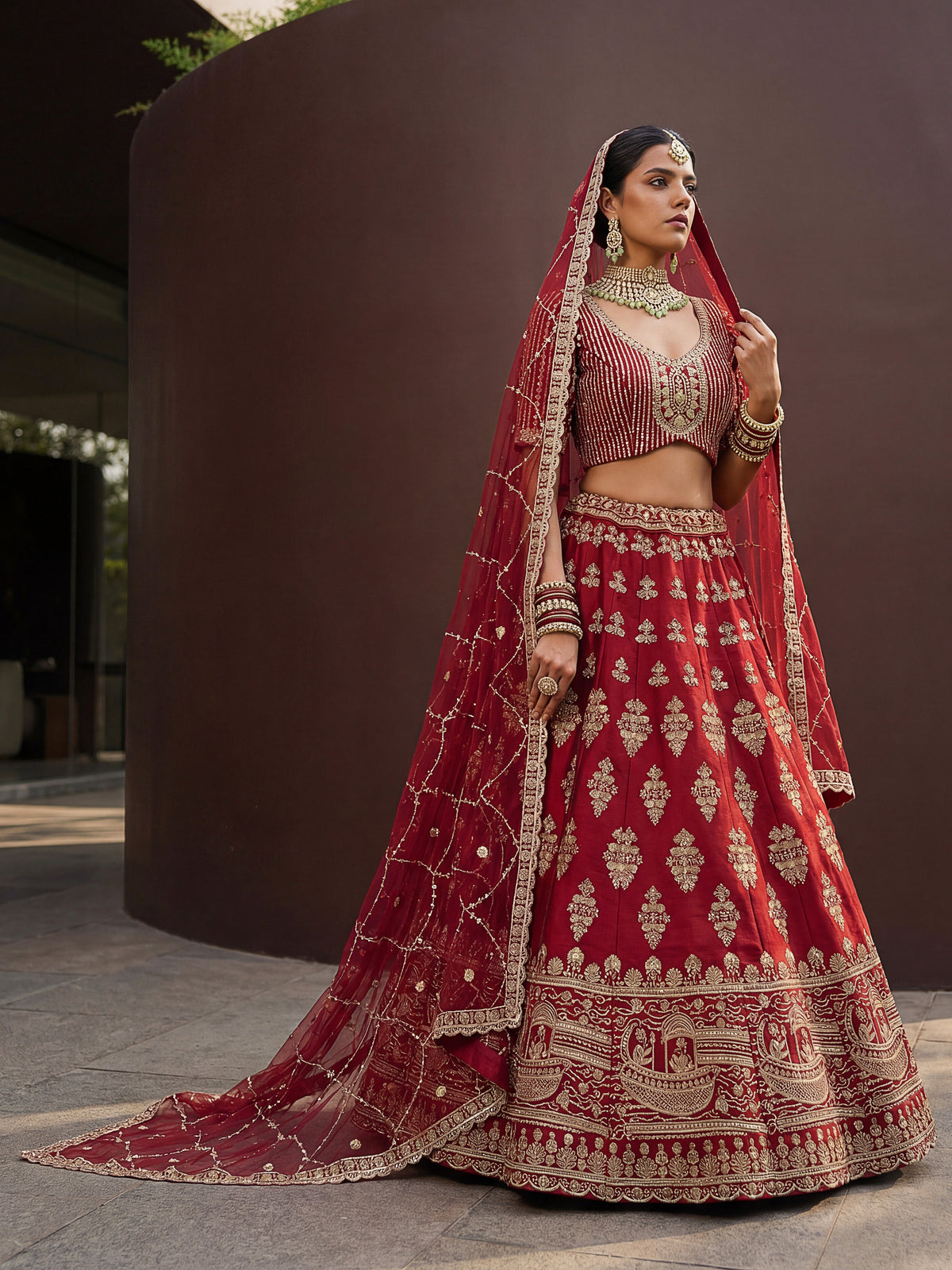 Crimson Red Slub Silk Bridal Lehenga Choli with Sequins and Crystal Handwork, photo 4
