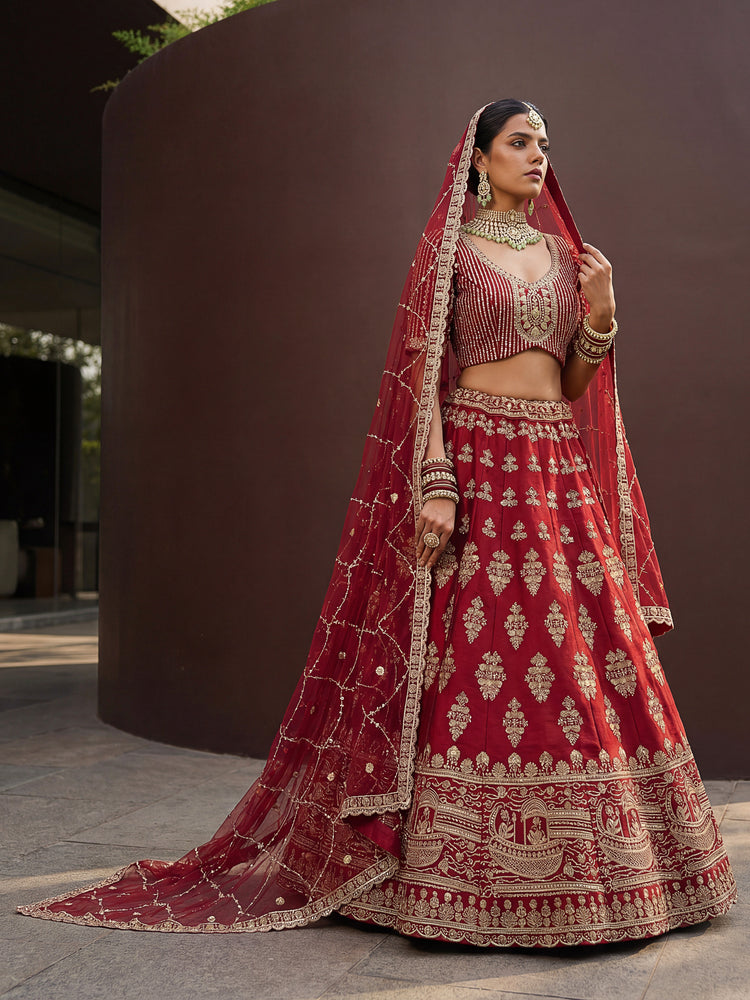 Crimson Red Slub Silk Bridal Lehenga Choli with Sequins and Crystal Handwork, photo 4