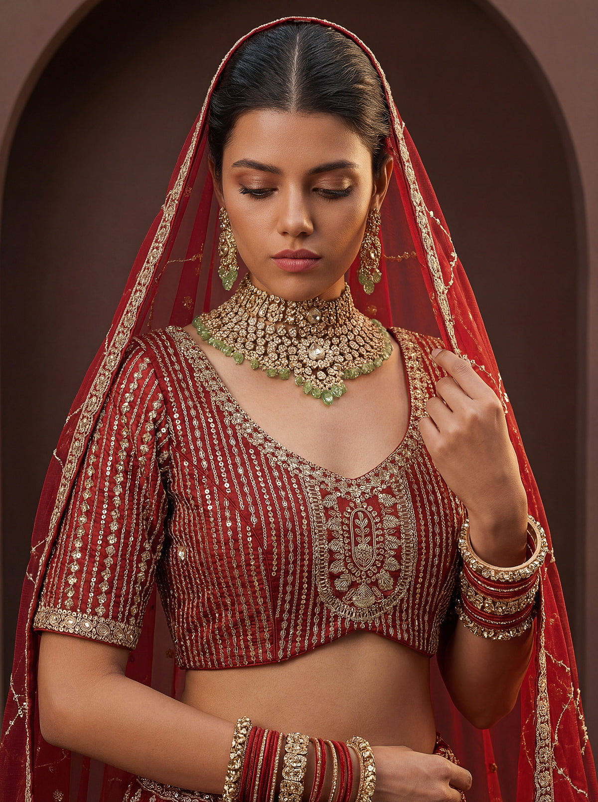 Crimson Red Slub Silk Bridal Lehenga Choli with Sequins and Crystal Handwork, photo 5