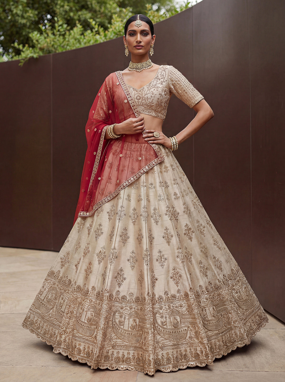 Ivory Beige Bridal Lehenga Choli with Sequins and Crystal Handwork