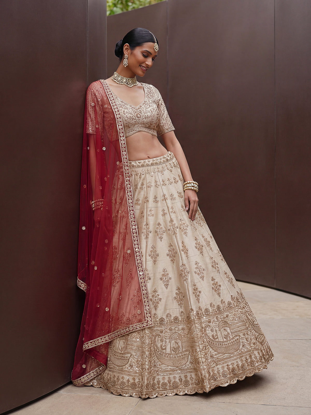 Ivory Beige Bridal Lehenga Choli with Sequins and Crystal Handwork