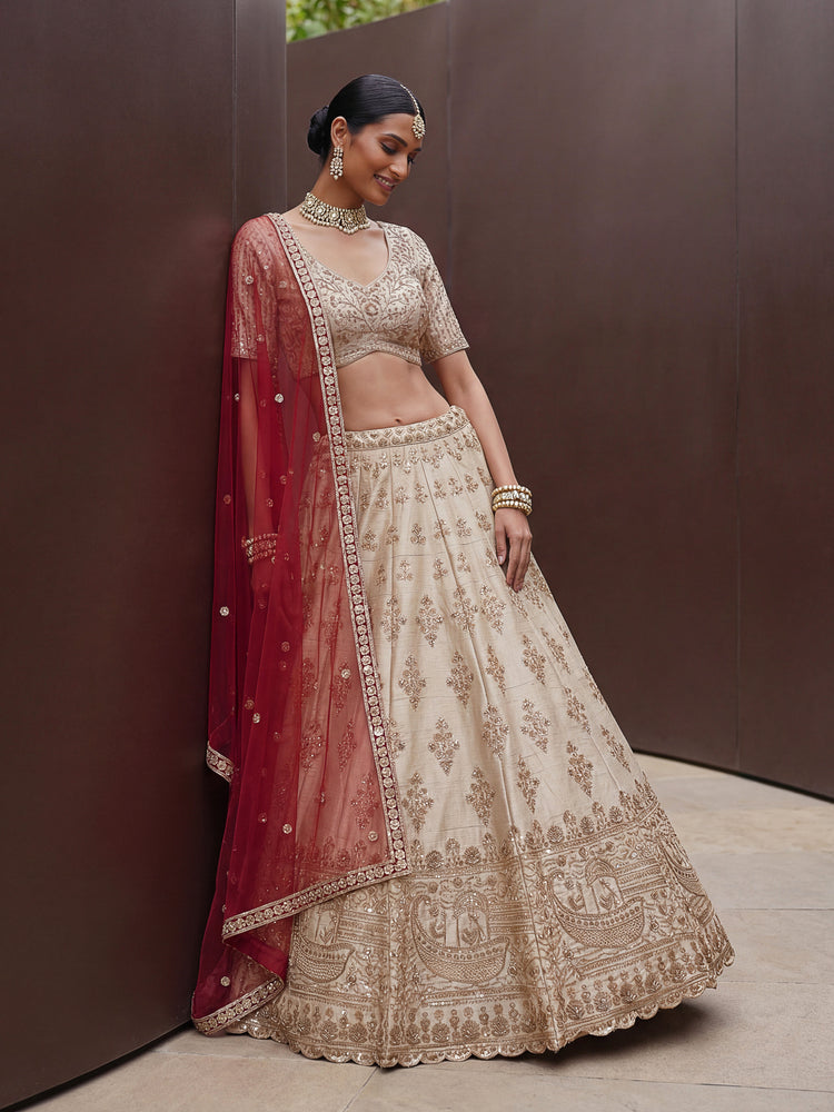 Ivory Beige Bridal Lehenga Choli with Sequins and Crystal Handwork