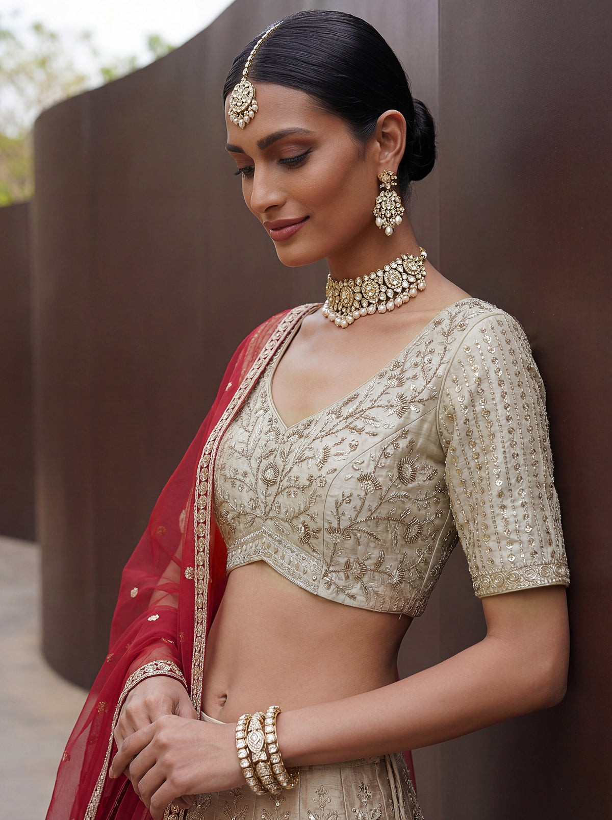 Ivory Beige Bridal Lehenga Choli with Sequins and Crystal Handwork