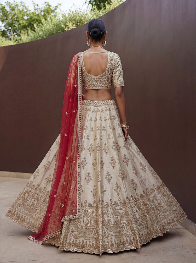 Ivory Beige Bridal Lehenga Choli with Sequins and Crystal Handwork