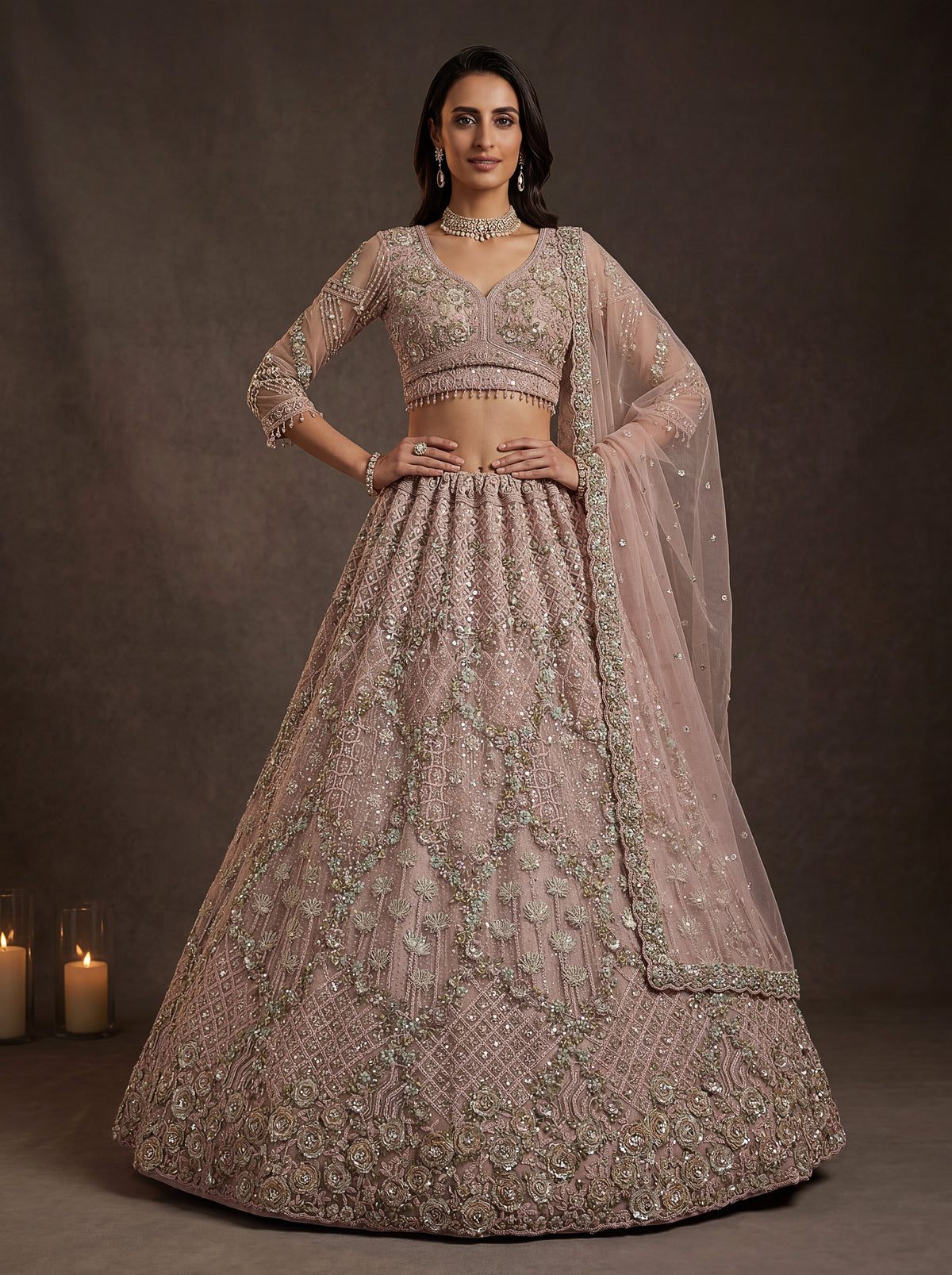 Luxury Blush Pink Net Bridal Lehenga Choli with Zari Embroidery & Zircon Diamond Work