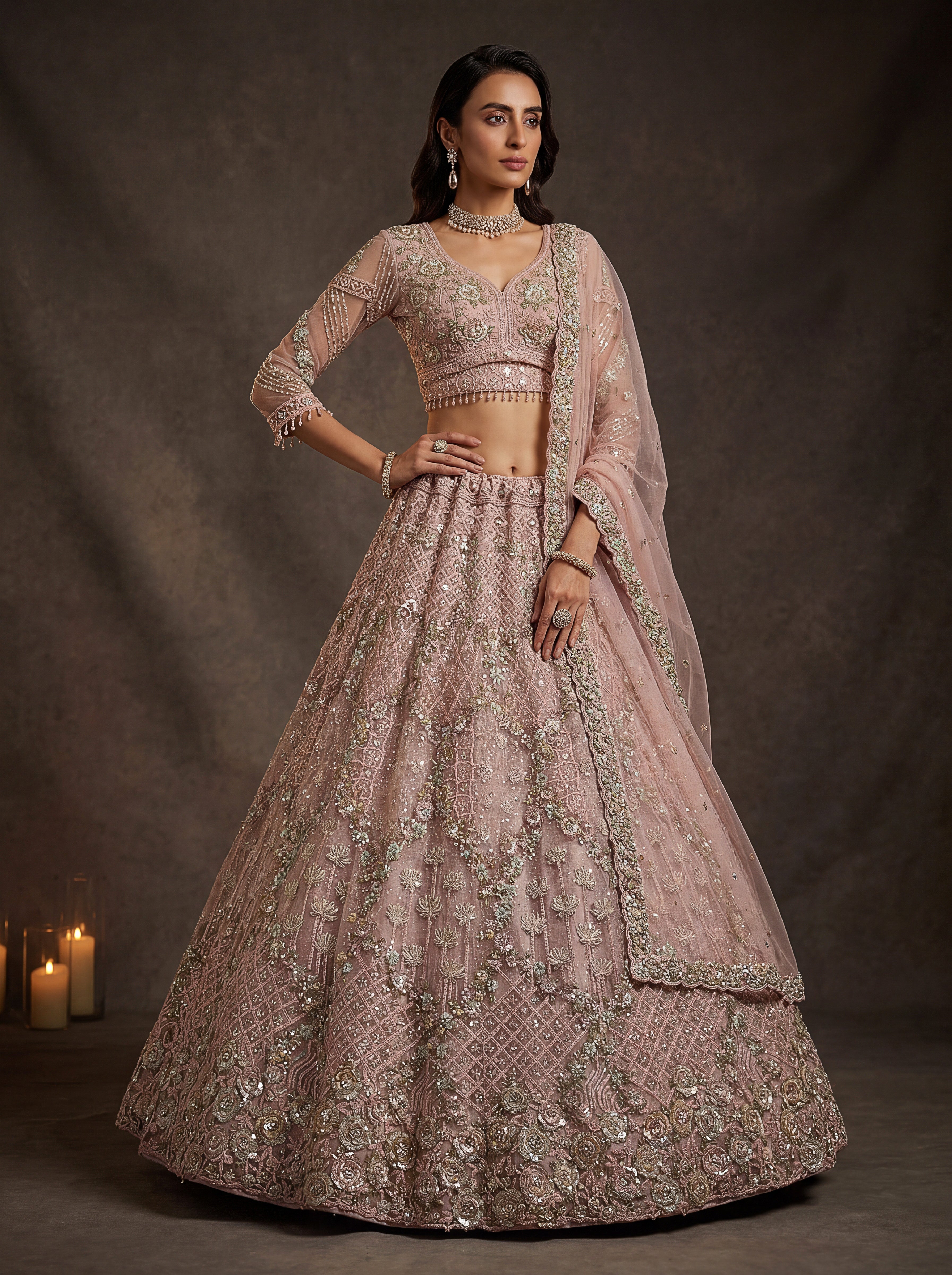Luxury Blush Pink Net Bridal Lehenga Choli with Zari Embroidery & Zircon Diamond Work
