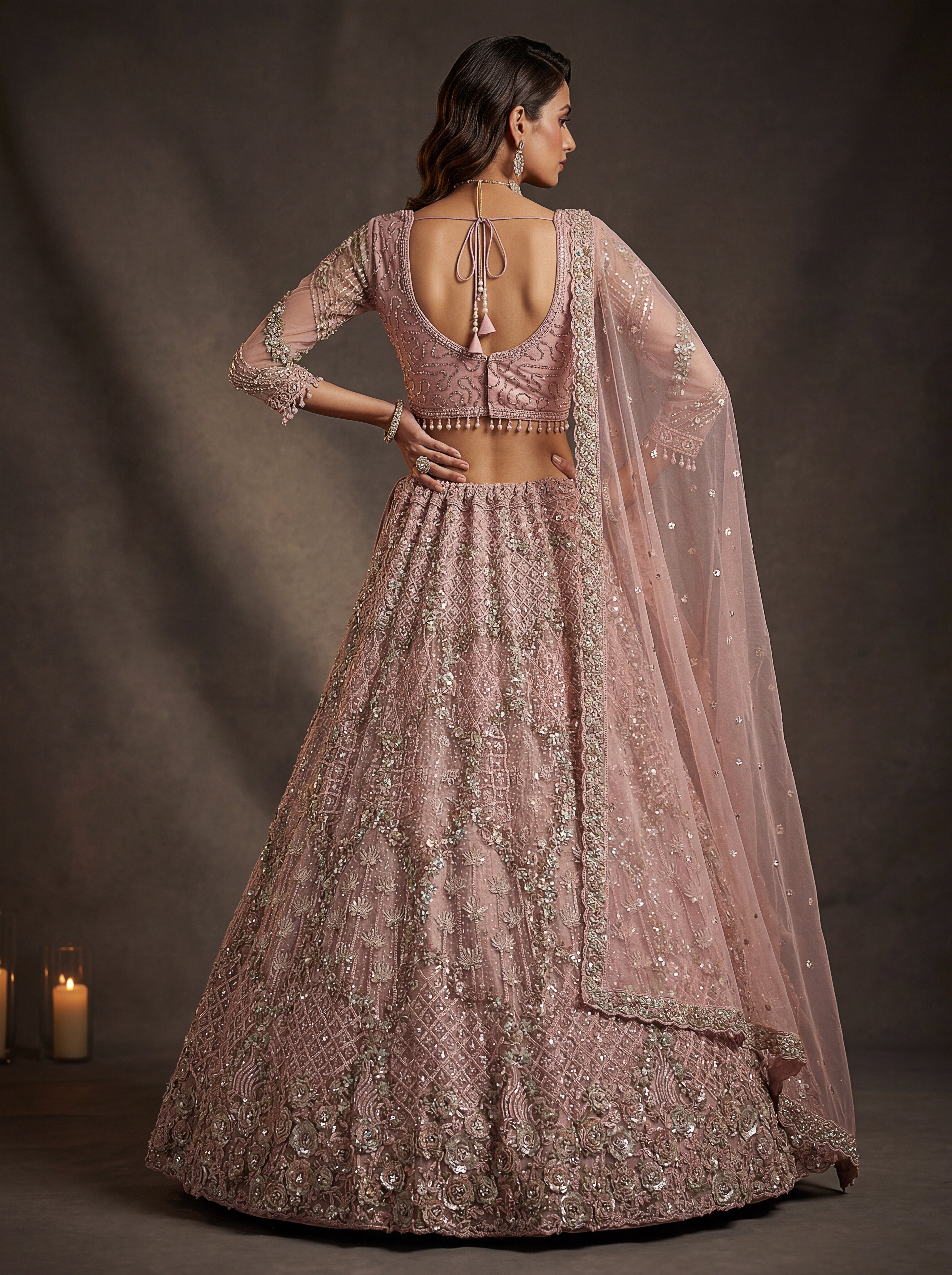 Luxury Blush Pink Net Bridal Lehenga Choli with Zari Embroidery & Zircon Diamond Work