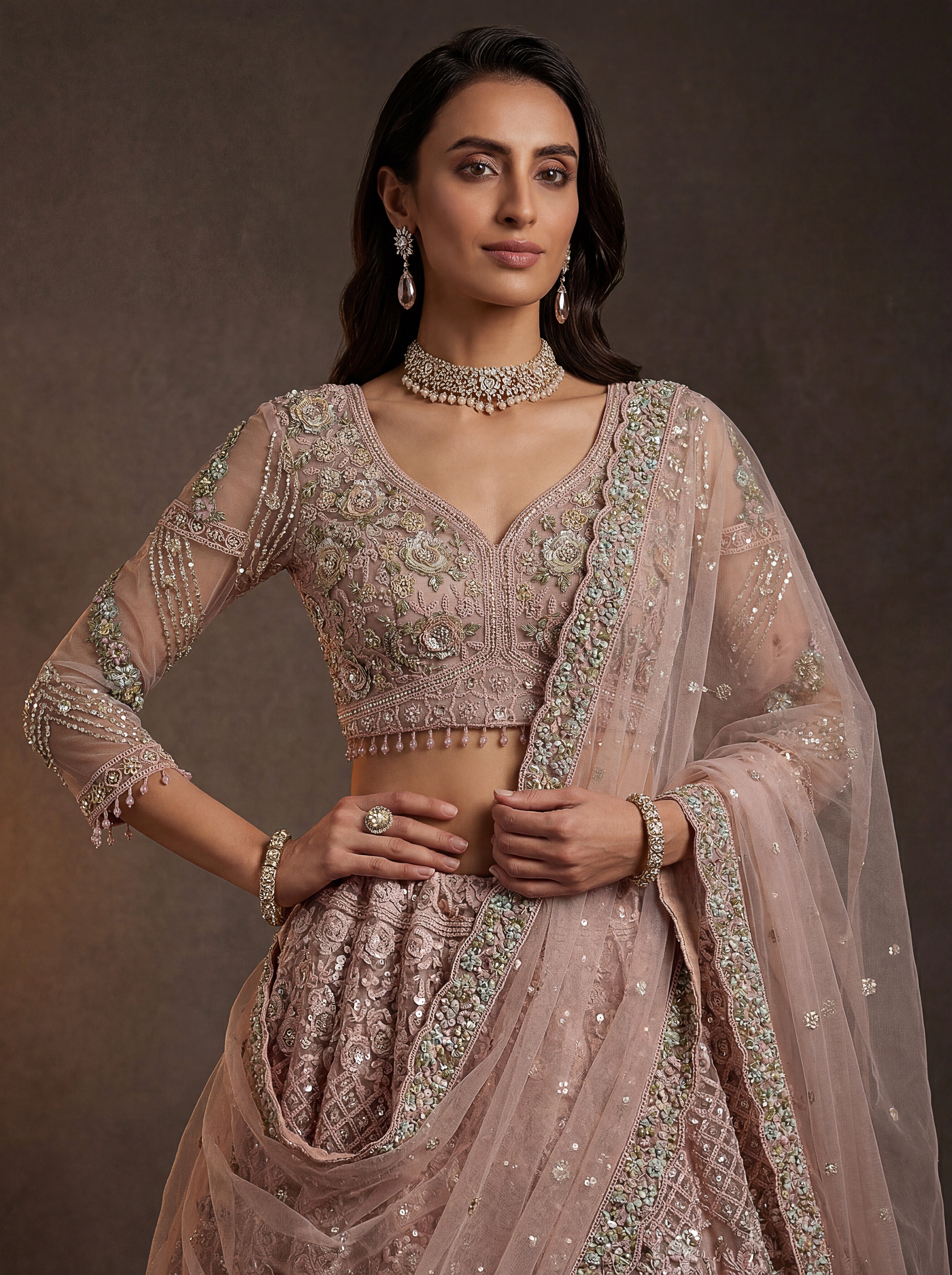 Luxury Blush Pink Net Bridal Lehenga Choli with Zari Embroidery & Zircon Diamond Work