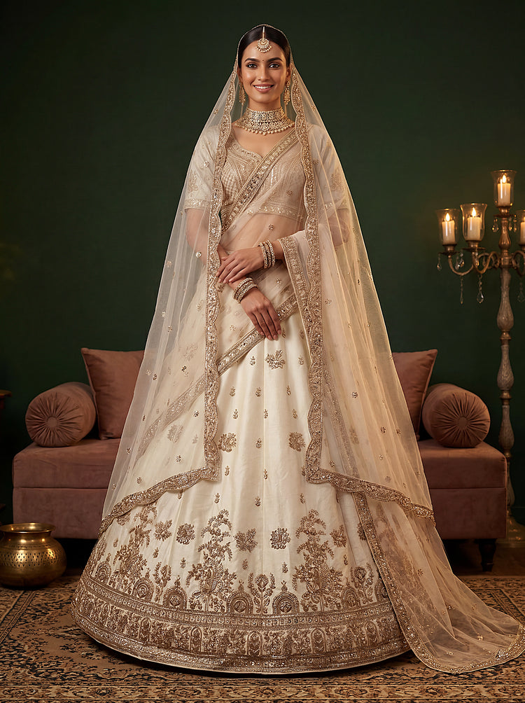 Luxury Ivory Gadhwal Silk Bridal Lehenga Choli