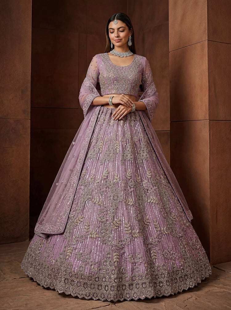  Lavender Net Lehenga Choli with Zari Embroidery