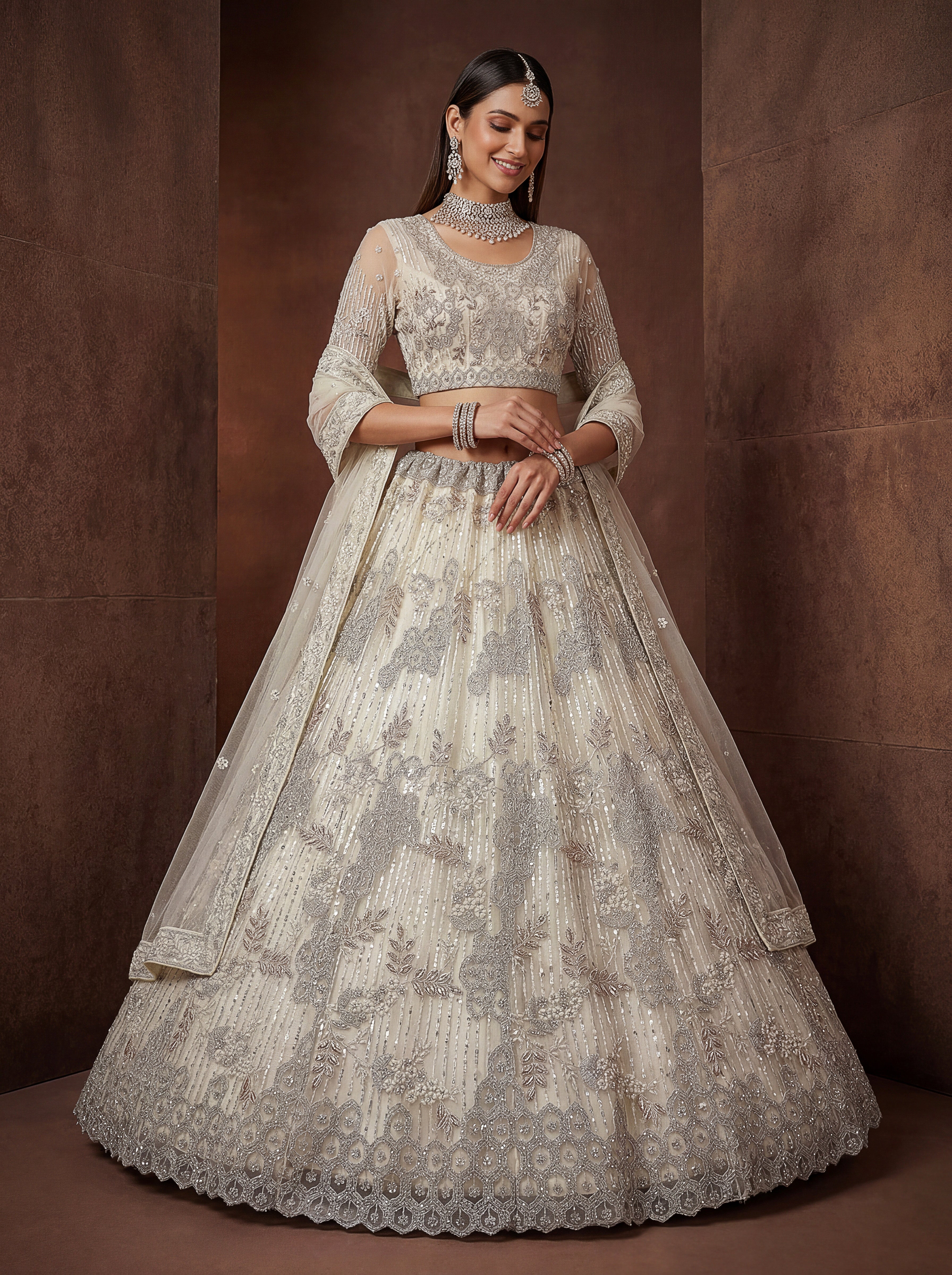 Elegant Ivory Net Lehenga Choli with Zari Embroidery | Bridal & Wedding Wear