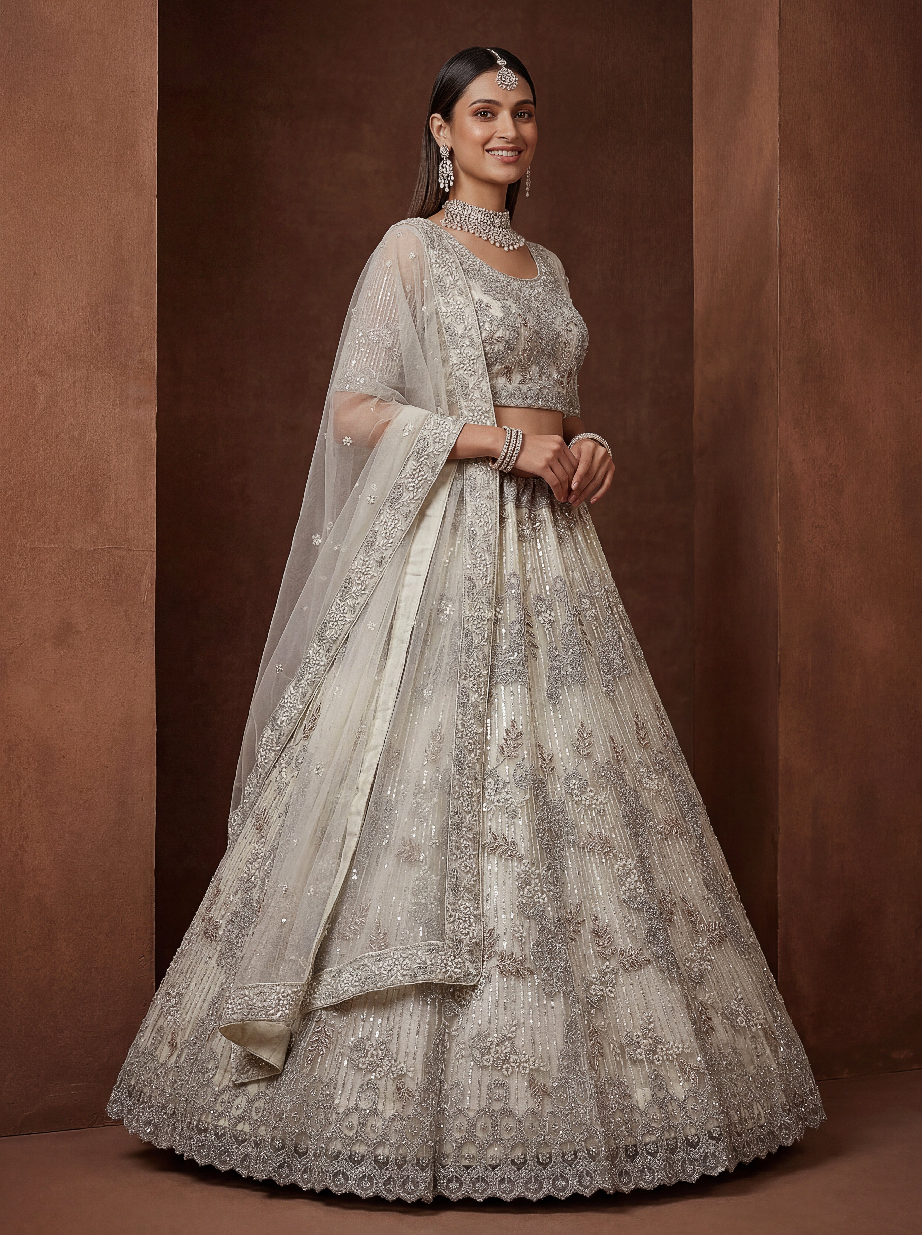 Elegant Ivory Net Lehenga Choli with Zari Embroidery | Bridal & Wedding Wear