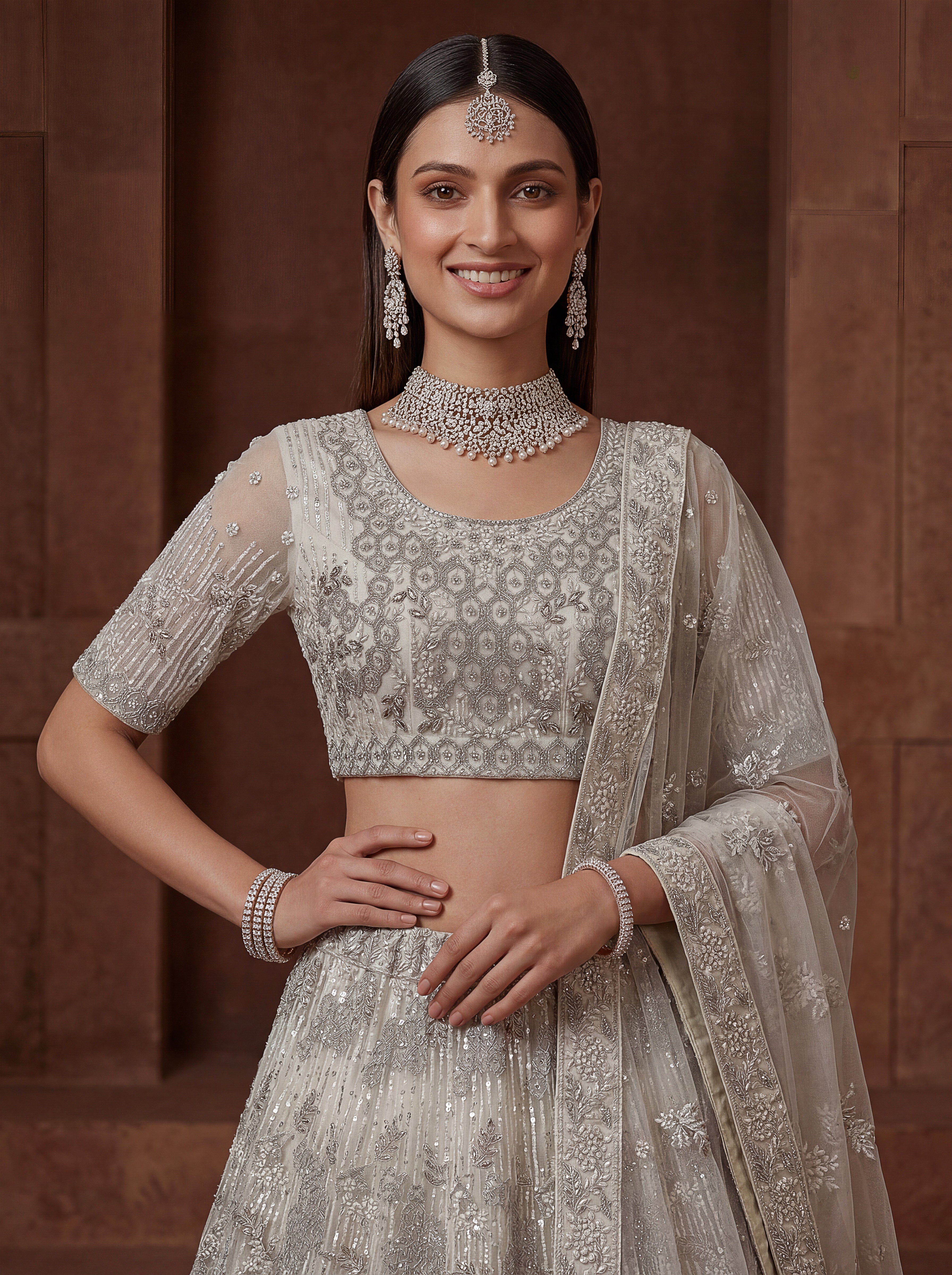 Elegant Ivory Net Lehenga Choli with Zari Embroidery | Bridal & Wedding Wear