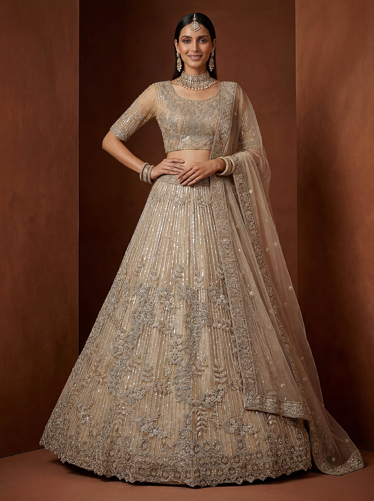 Royal Taupe Embroidered Bridal Lehenga Choli with Intricate Sequins, Zari & Handcrafted Dupatta Work