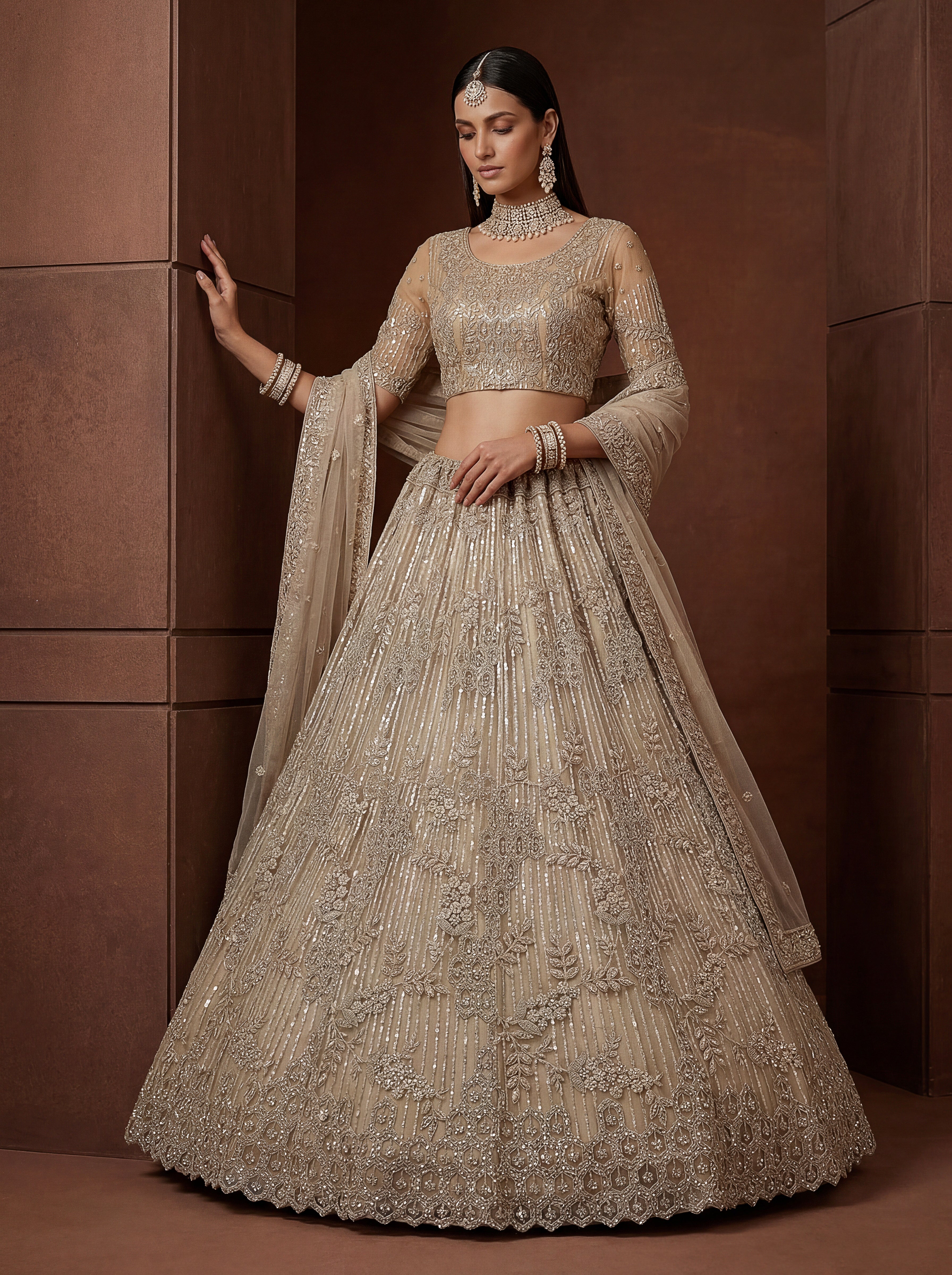 Royal Taupe Embroidered Bridal Lehenga Choli with Intricate Sequins, Zari & Handcrafted Dupatta Work