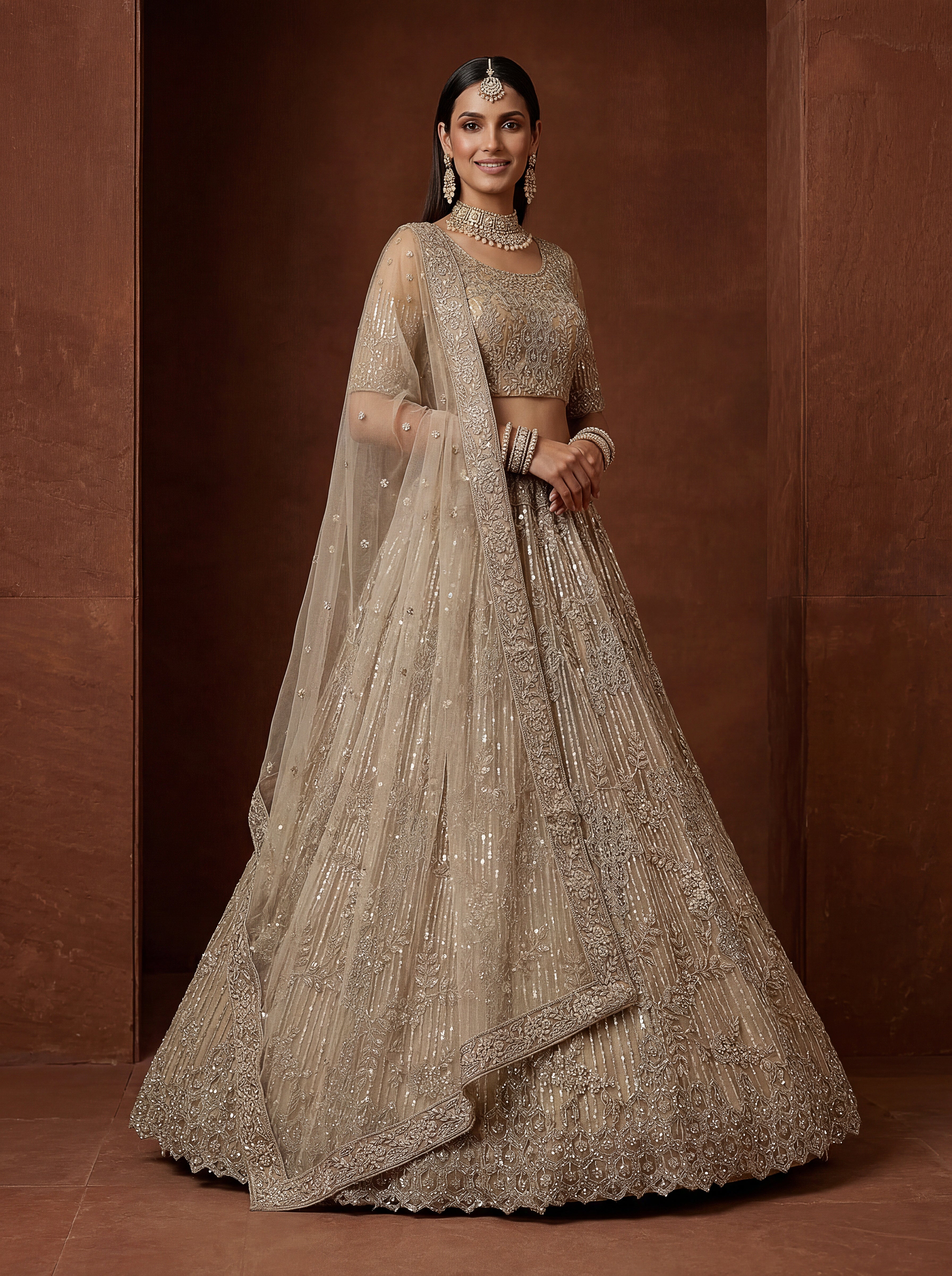 Royal Taupe Embroidered Bridal Lehenga Choli with Intricate Sequins, Zari & Handcrafted Dupatta Work