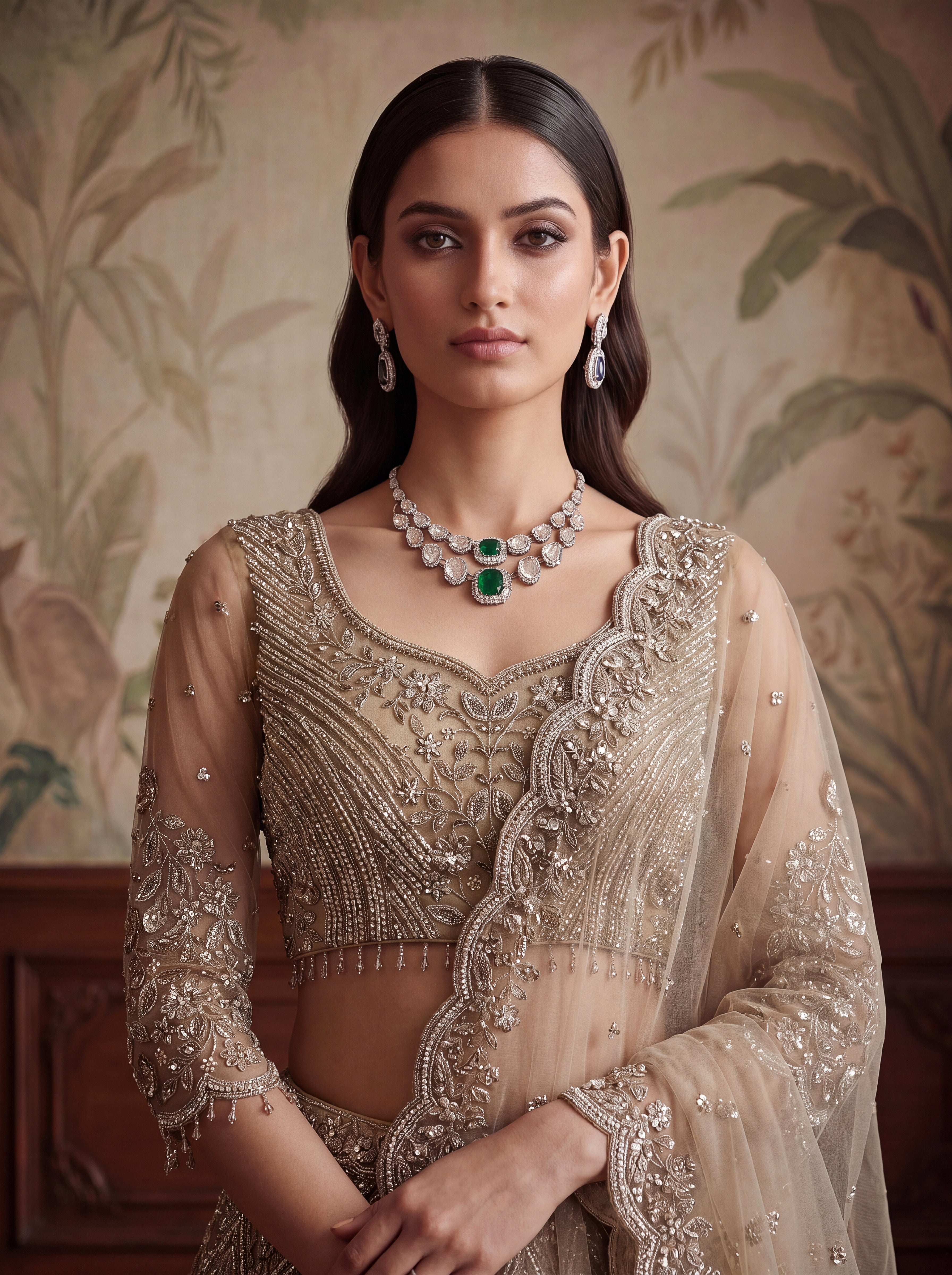 Luxury Champagne Net Bridal Lehenga Choli with Zari, Dori & Zircon Work