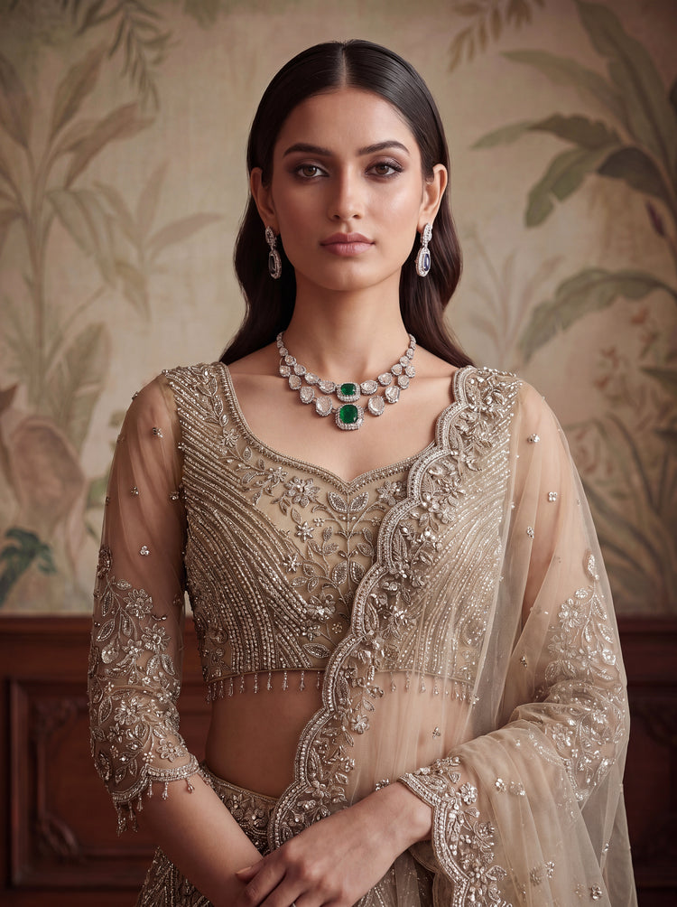 Champagne Net Bridal Lehenga Choli with Zari &amp; Zircon Work, photo 5