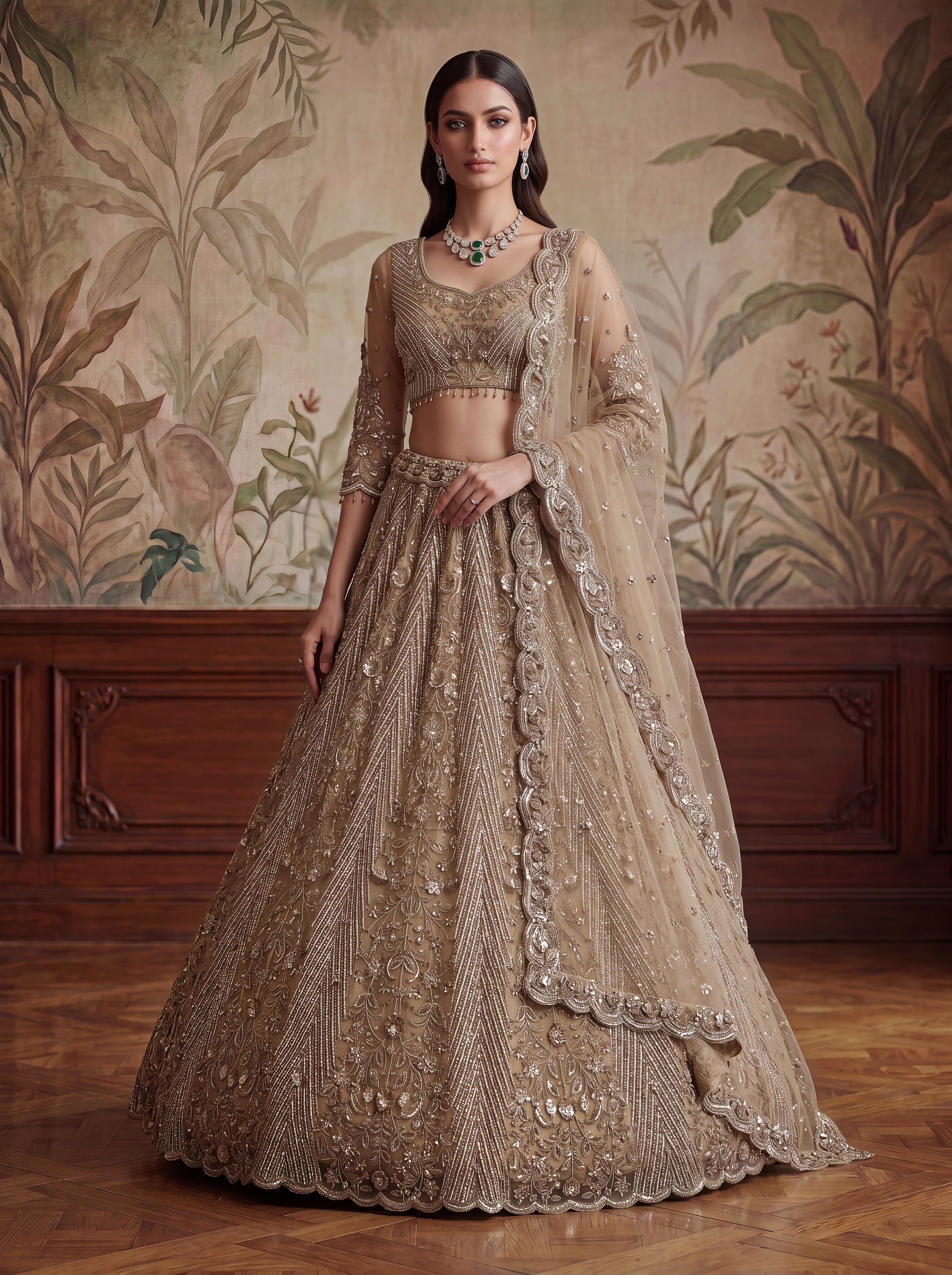 Luxury Champagne Net Bridal Lehenga Choli with Zari, Dori & Zircon Work