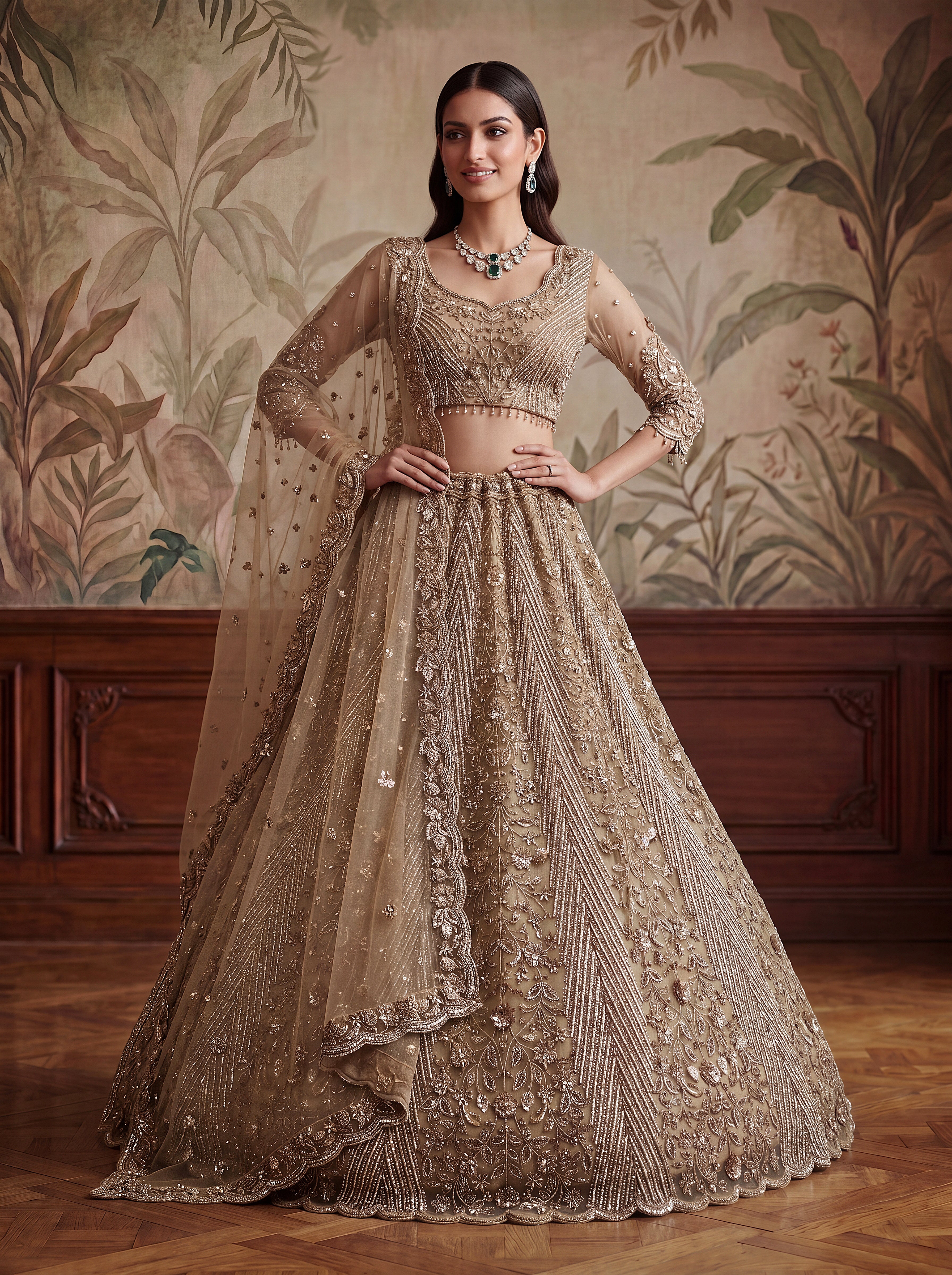 Luxury Champagne Net Bridal Lehenga Choli with Zari, Dori & Zircon Work
