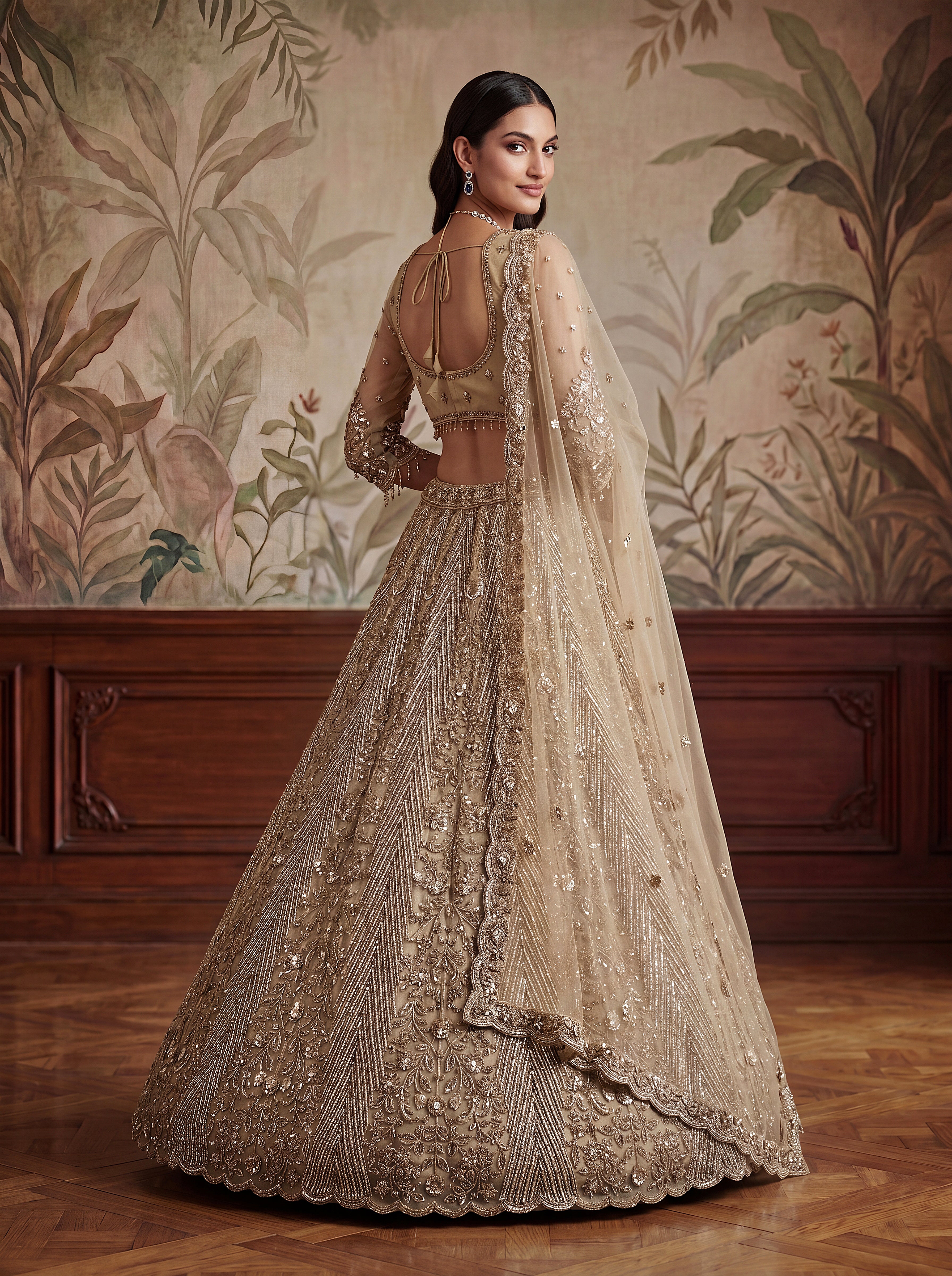 Luxury Champagne Net Bridal Lehenga Choli with Zari, Dori & Zircon Work